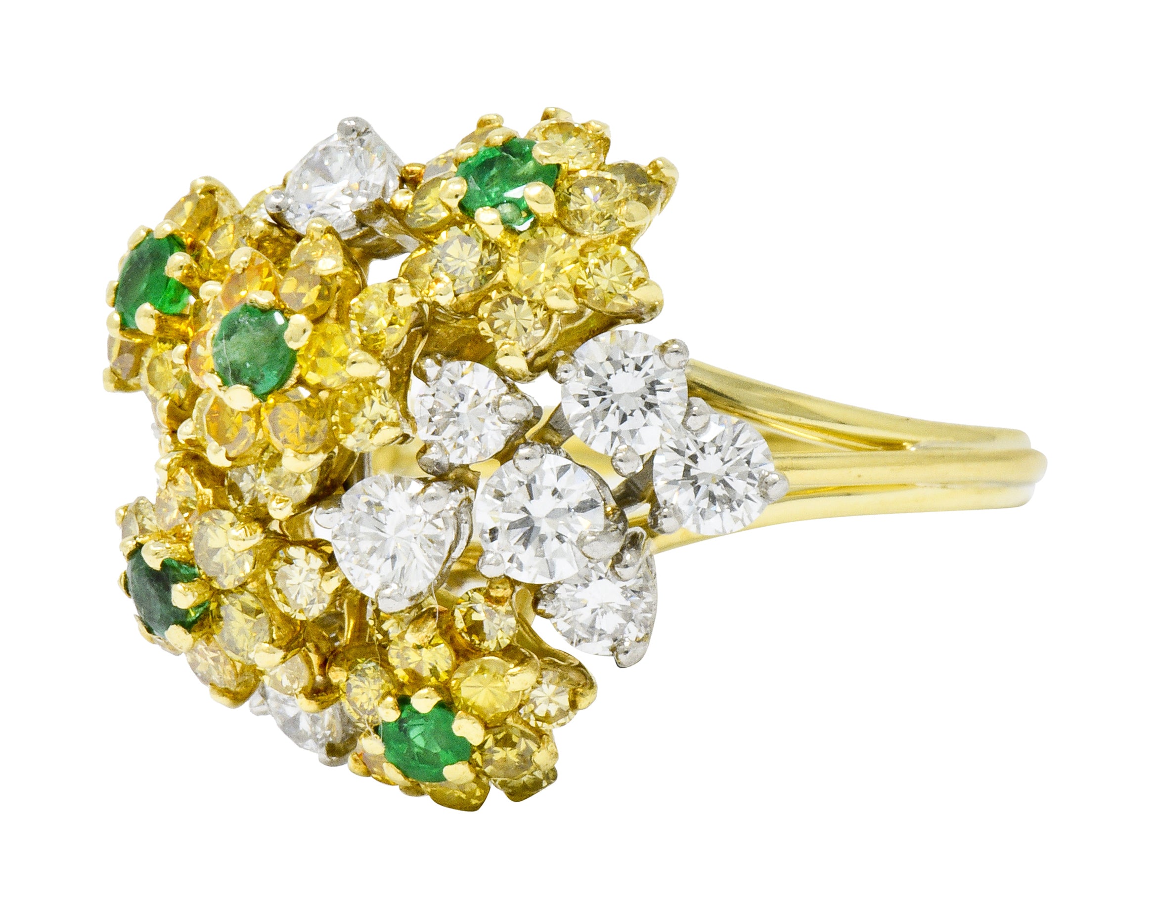 Vintage 3.21 CTW Yellow and White Diamond Emerald 18 Karat Gold Floral Cluster Ring - Wilson's Estate Jewelry