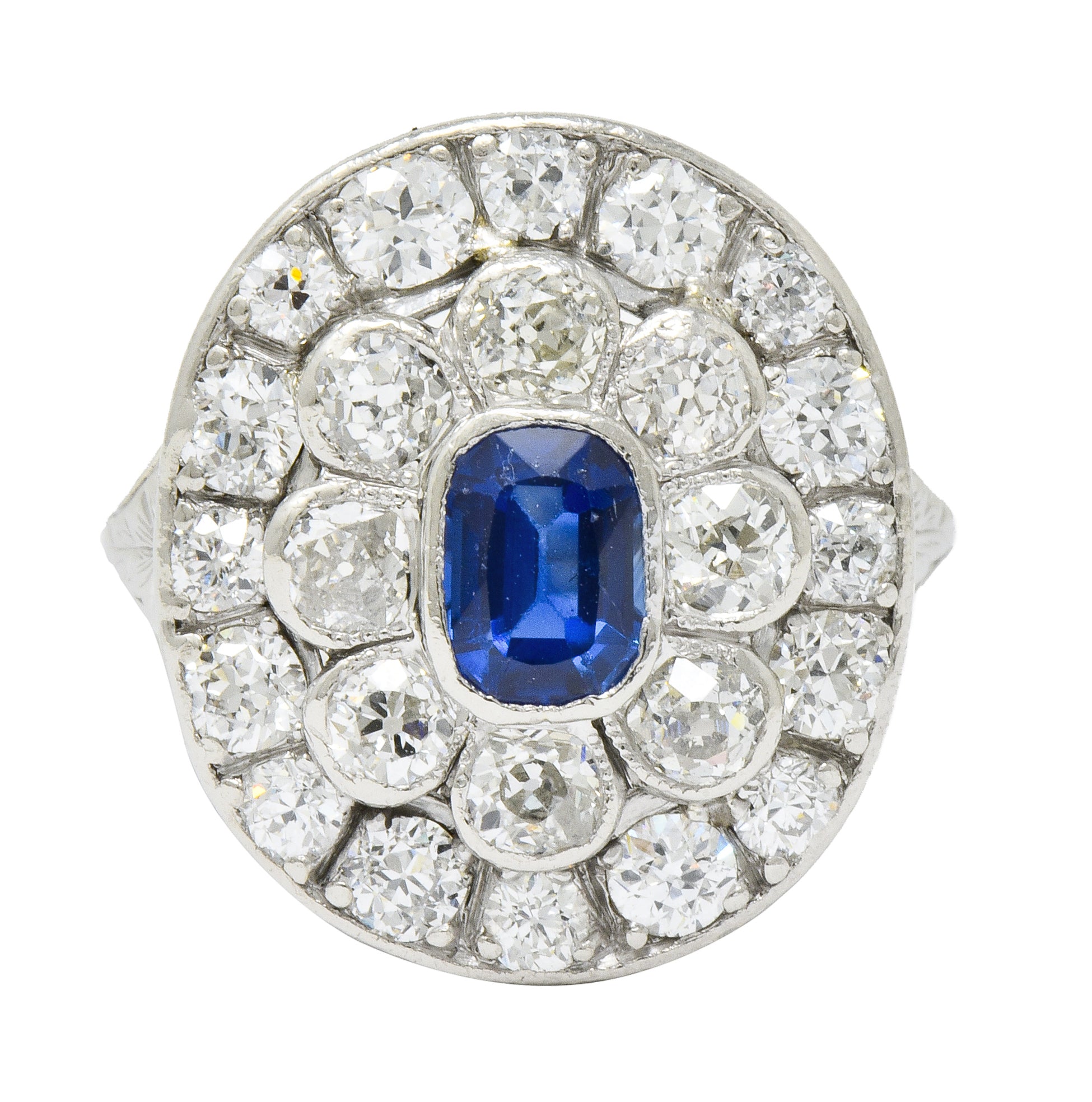 Art Deco 3.18 CTW Sapphire Diamond Platinum Cluster Dinner Ring - Wilson's Estate Jewelry