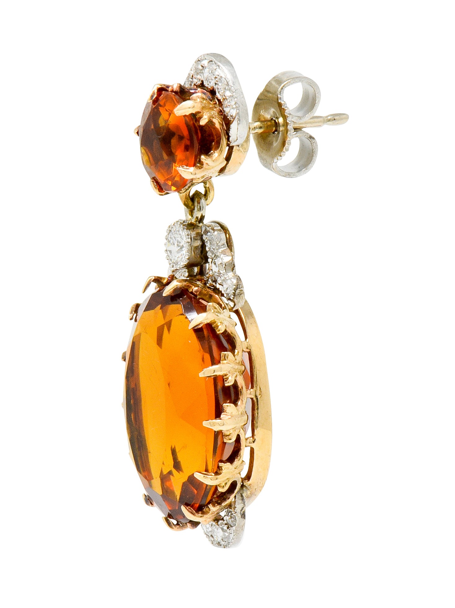 Edwardian 17.66 CTW Maderia Citrine Diamond Platinum 14 Karat Gold Drop Earrings - Wilson's Estate Jewelry