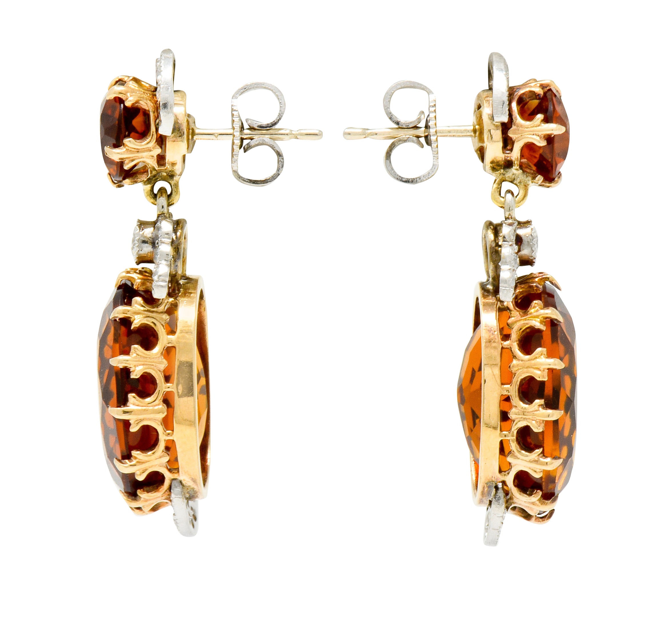 Edwardian 17.66 CTW Maderia Citrine Diamond Platinum 14 Karat Gold Drop Earrings - Wilson's Estate Jewelry