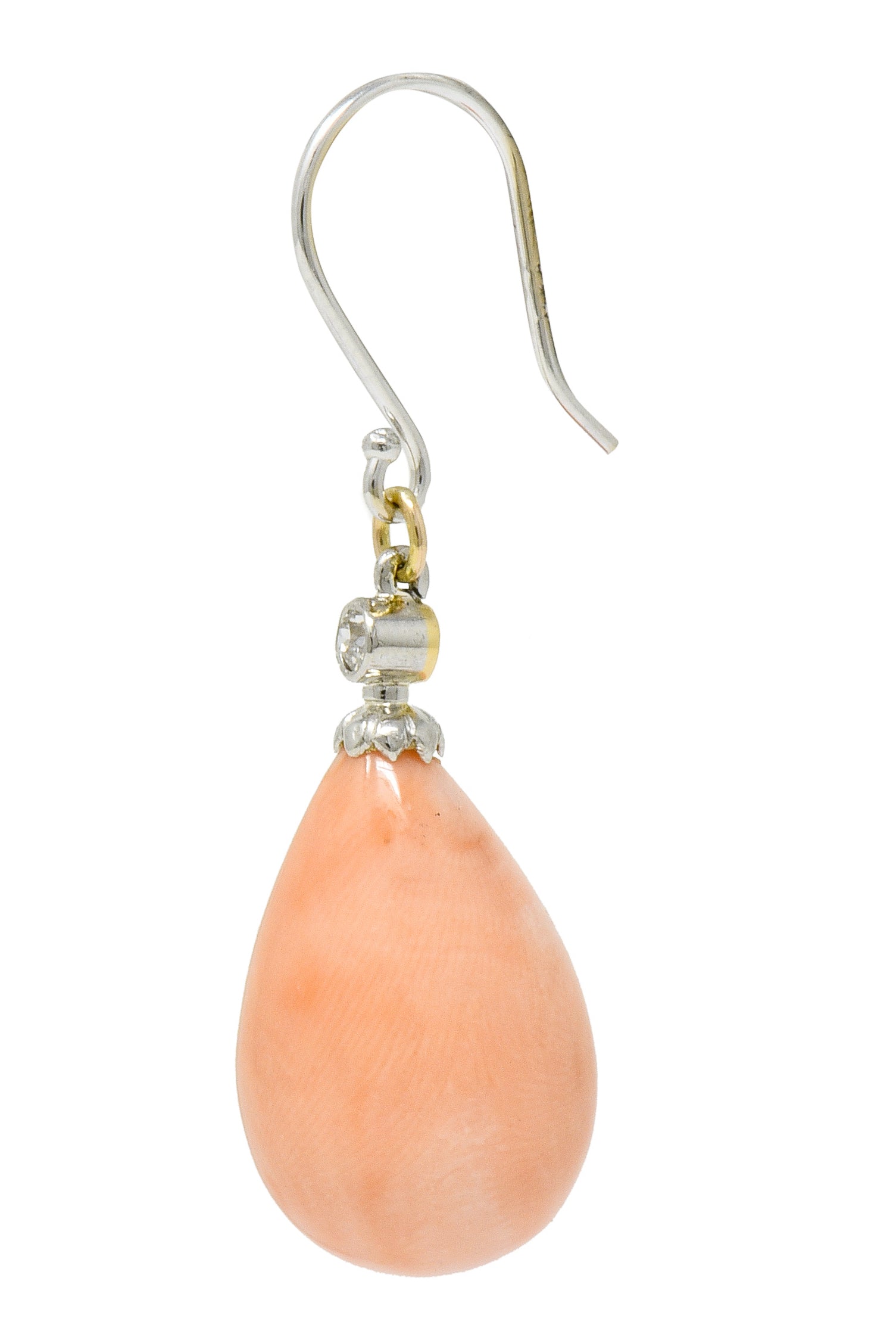Edwardian Old Mine Diamond Coral Platinum-Topped Gold Drop Earrings - Wilson's Estate Jewelry
