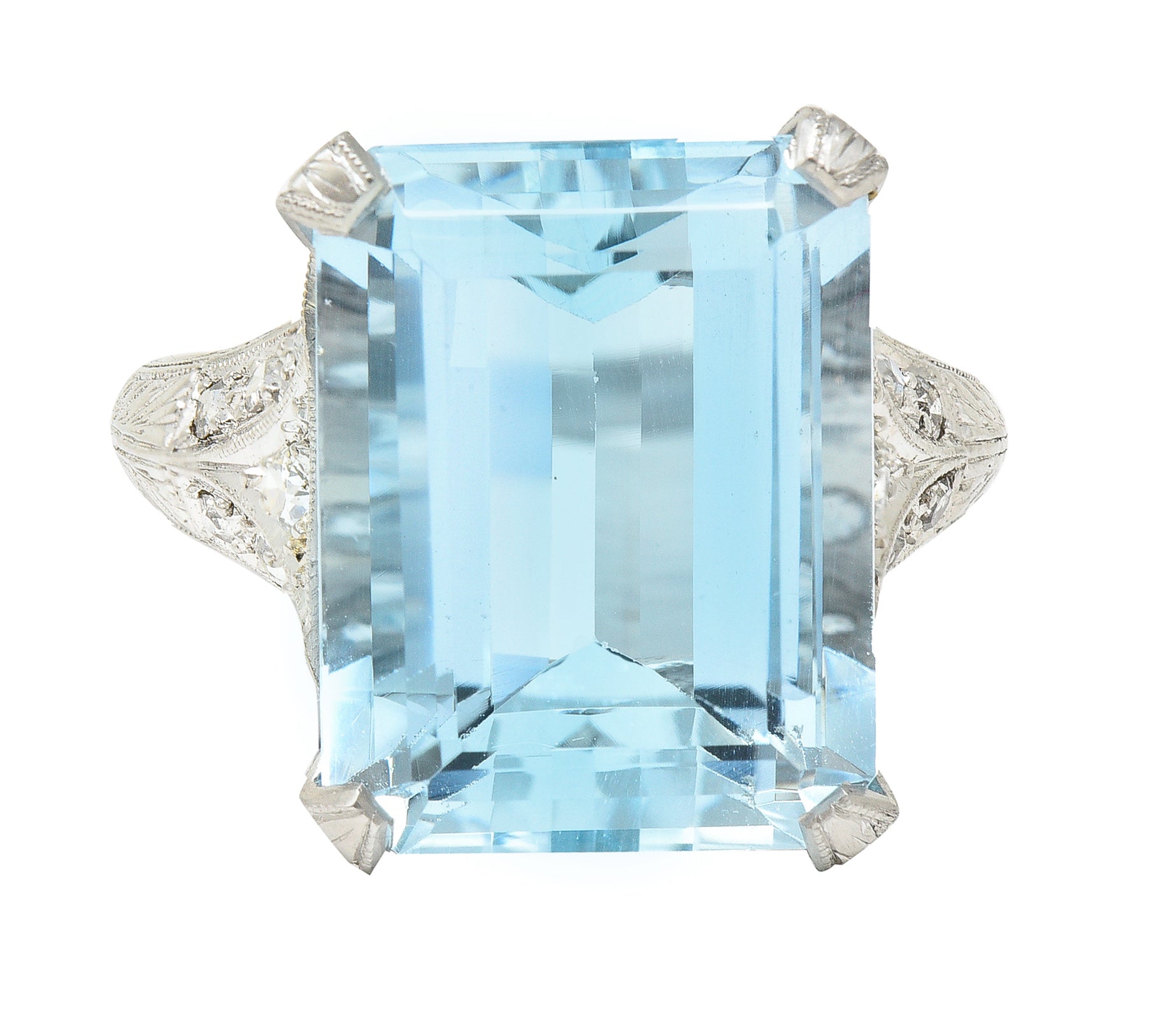 Art Deco 13.08 CTW Emerald Cut Aquamarine Diamond Platinum Vintage Cocktail Ring Wilson's Estate Jewelry