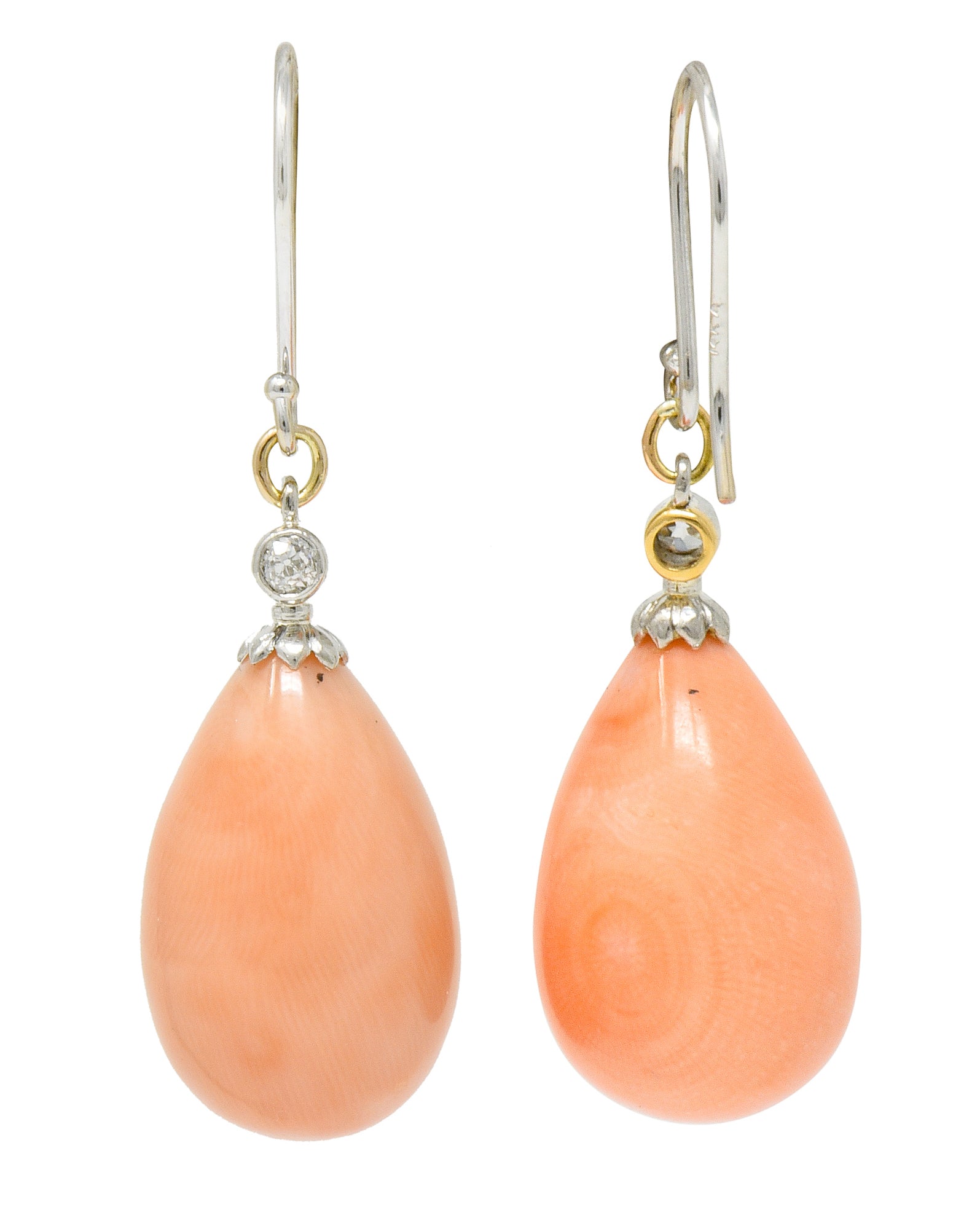Edwardian Old Mine Diamond Coral Platinum-Topped Gold Drop Earrings - Wilson's Estate Jewelry