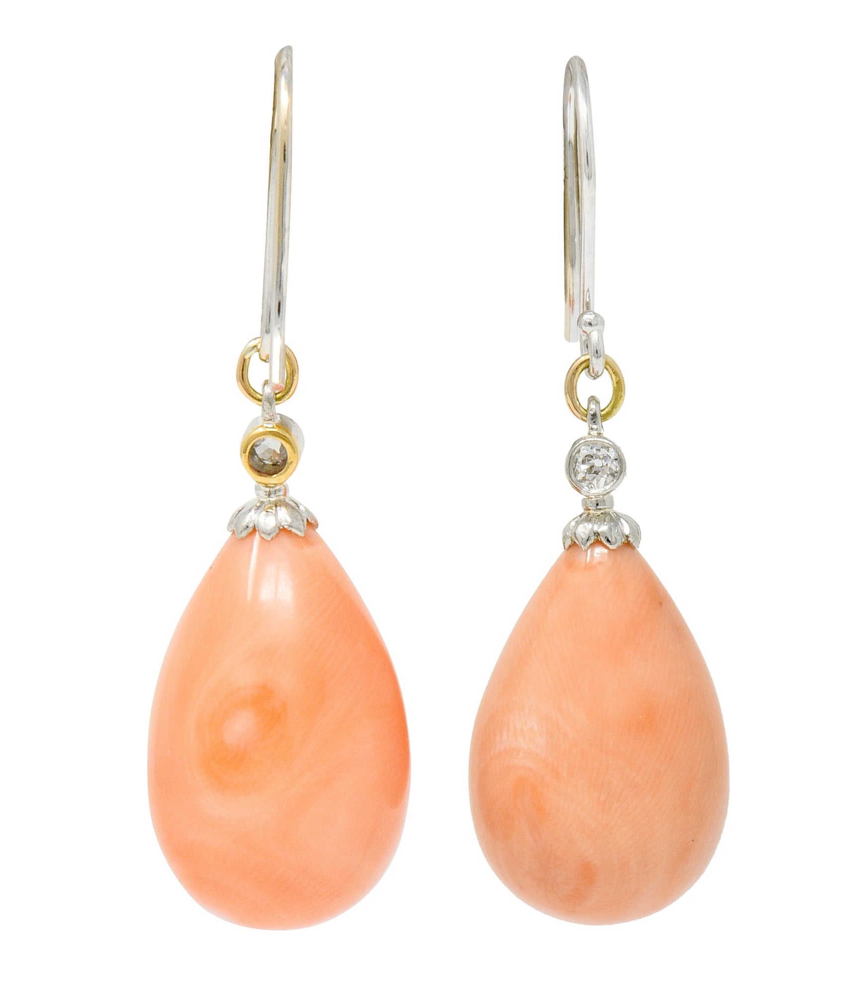 Edwardian Old Mine Diamond Coral Platinum-Topped Gold Drop Earrings - Wilson's Estate Jewelry