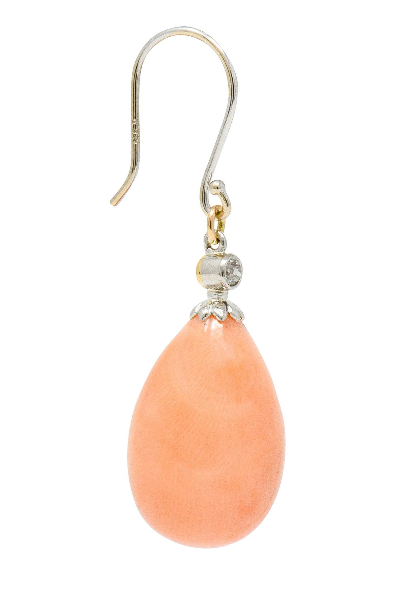 Edwardian Old Mine Diamond Coral Platinum-Topped Gold Drop Earrings - Wilson's Estate Jewelry