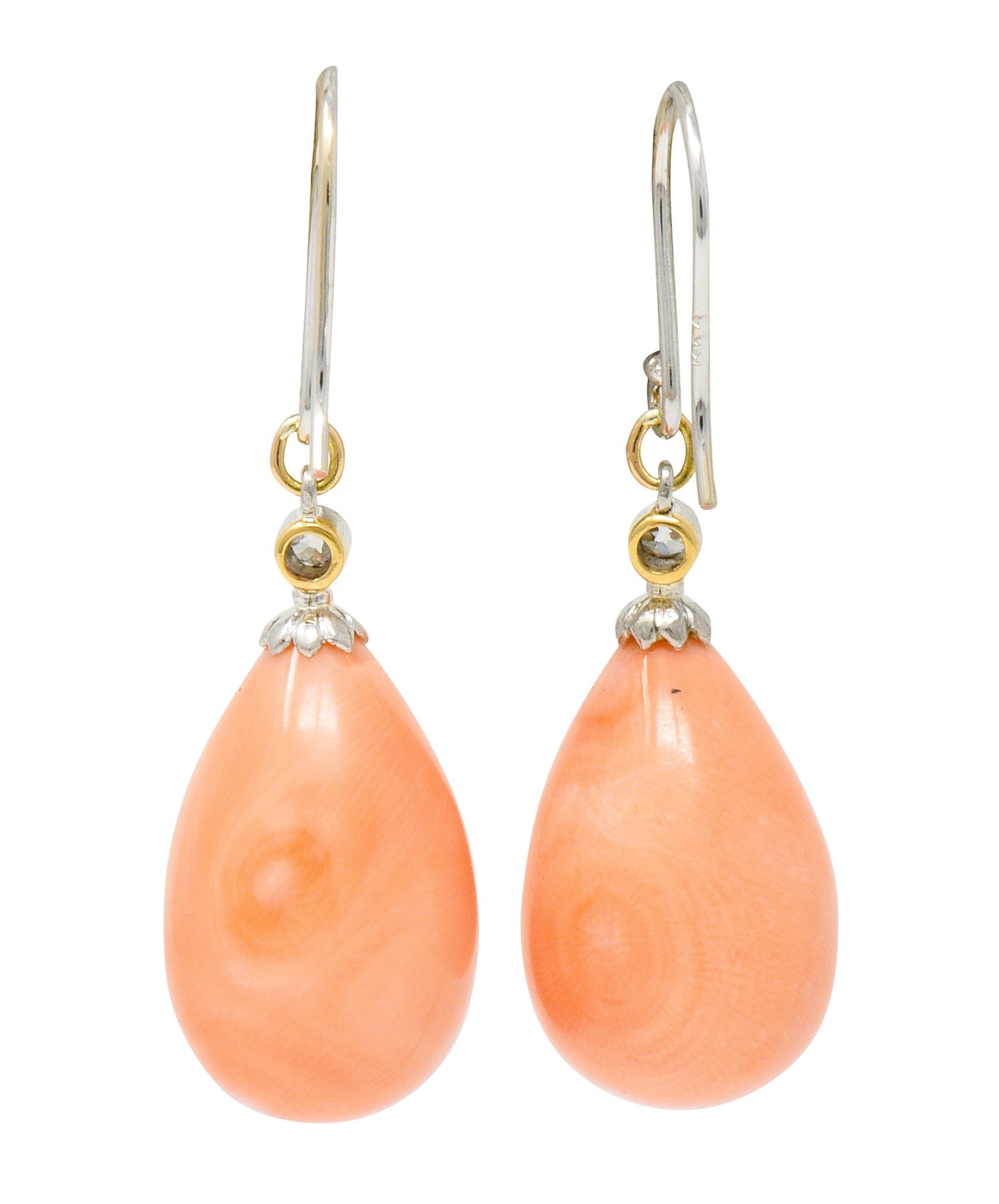 Edwardian Old Mine Diamond Coral Platinum-Topped Gold Drop Earrings - Wilson's Estate Jewelry