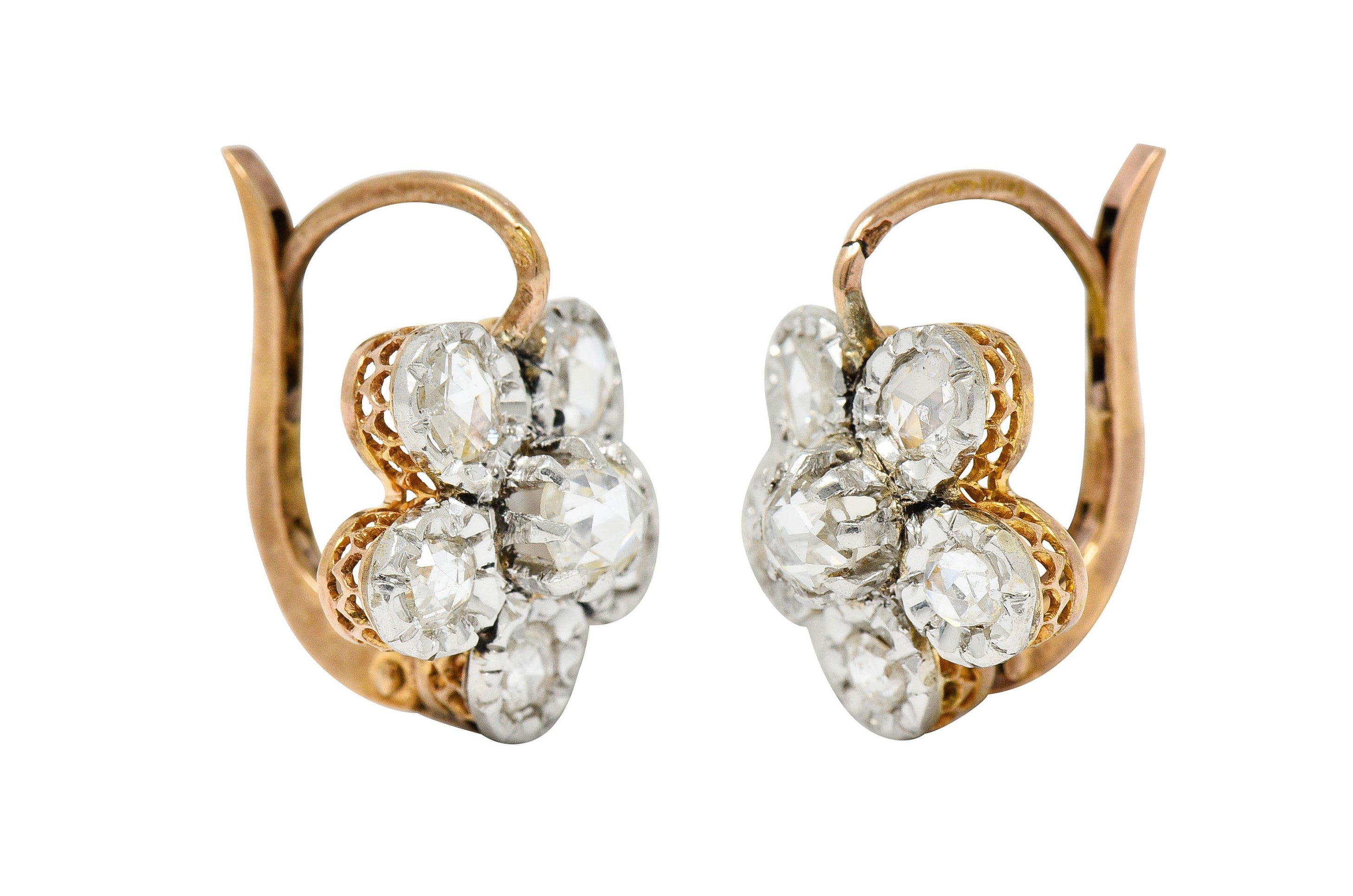 French Edwardian 1.45 CTW Diamond Platinum-Topped 18 Karat Gold Floral Cluster EarringsEarrings - Wilson's Estate Jewelry