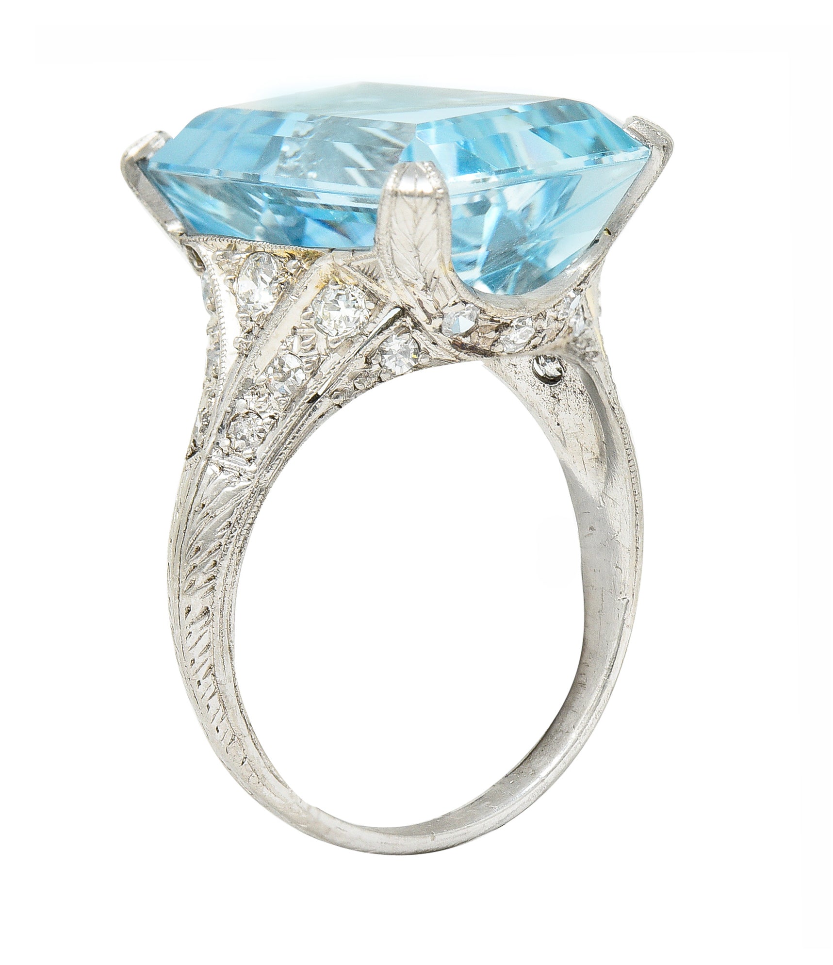 Art Deco 13.08 CTW Emerald Cut Aquamarine Diamond Platinum Vintage Cocktail Ring Wilson's Estate Jewelry