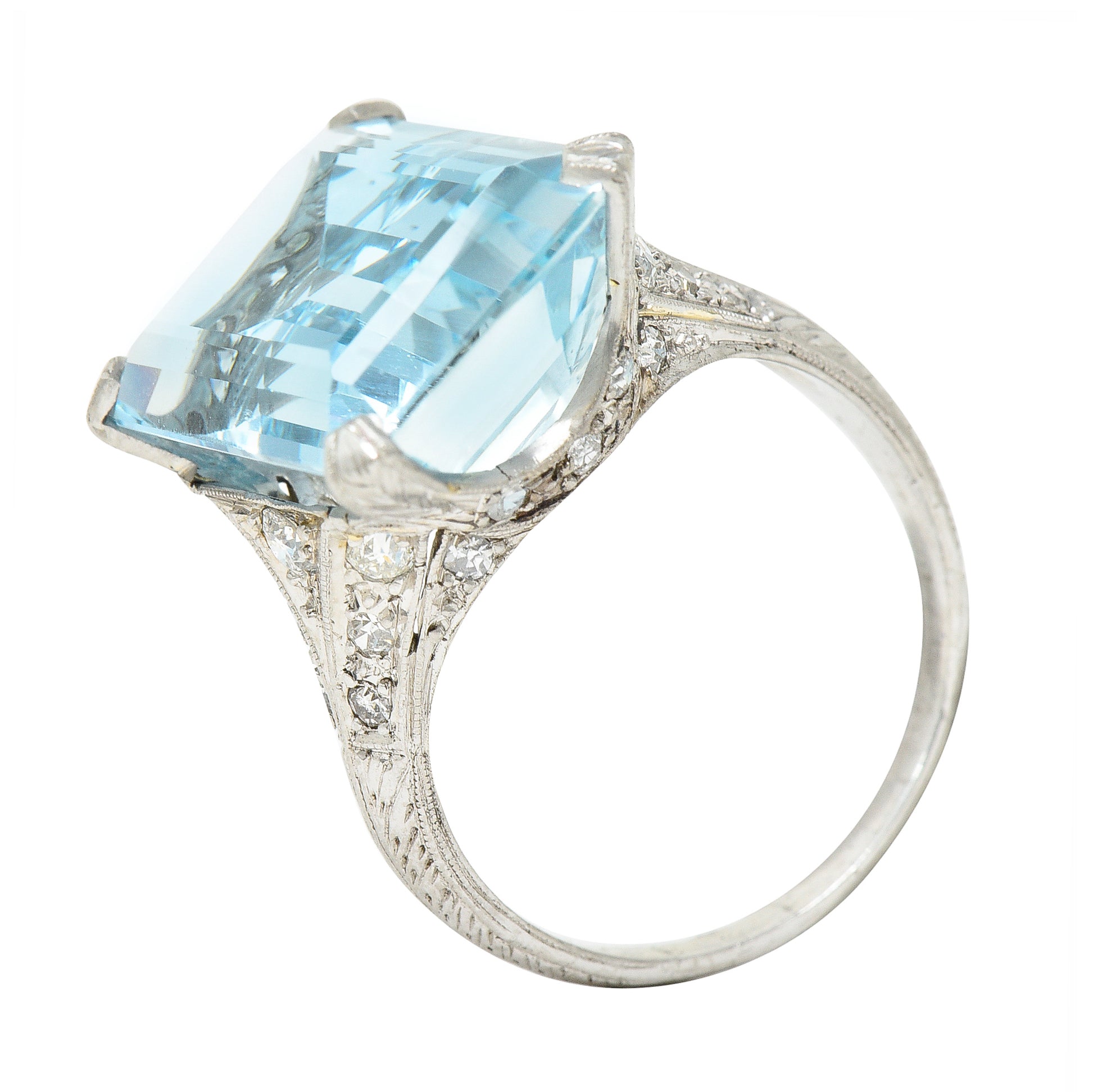 Art Deco 13.08 CTW Emerald Cut Aquamarine Diamond Platinum Vintage Cocktail Ring Wilson's Estate Jewelry