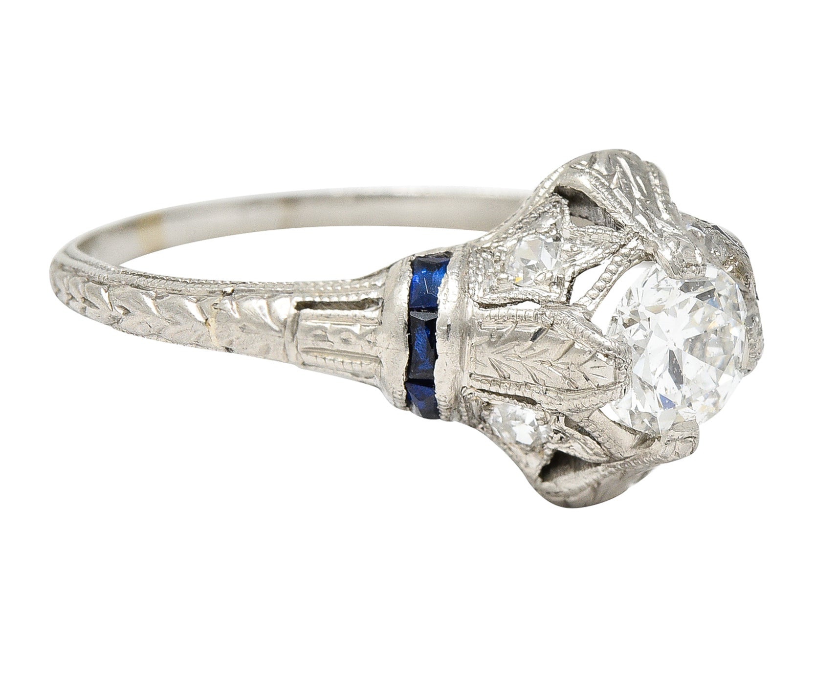 Art Deco 0.48 CTW Diamond Sapphire Platinum Foliate Engagement Ring Wilson's Estate Jewelry