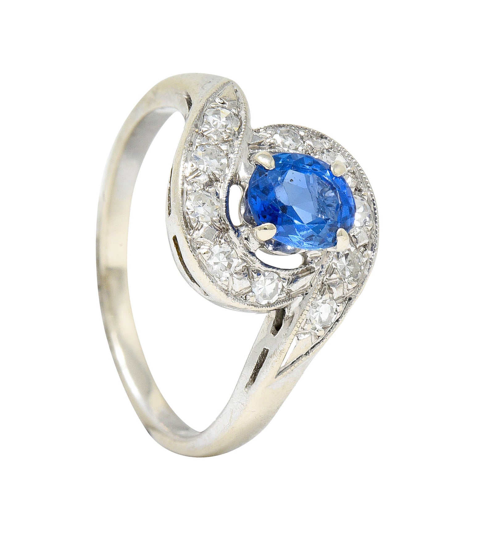 Mid-Century 0.75 CTW Sapphire Diamond 14 Karat White Gold Bypass RingRing - Wilson's Estate Jewelry