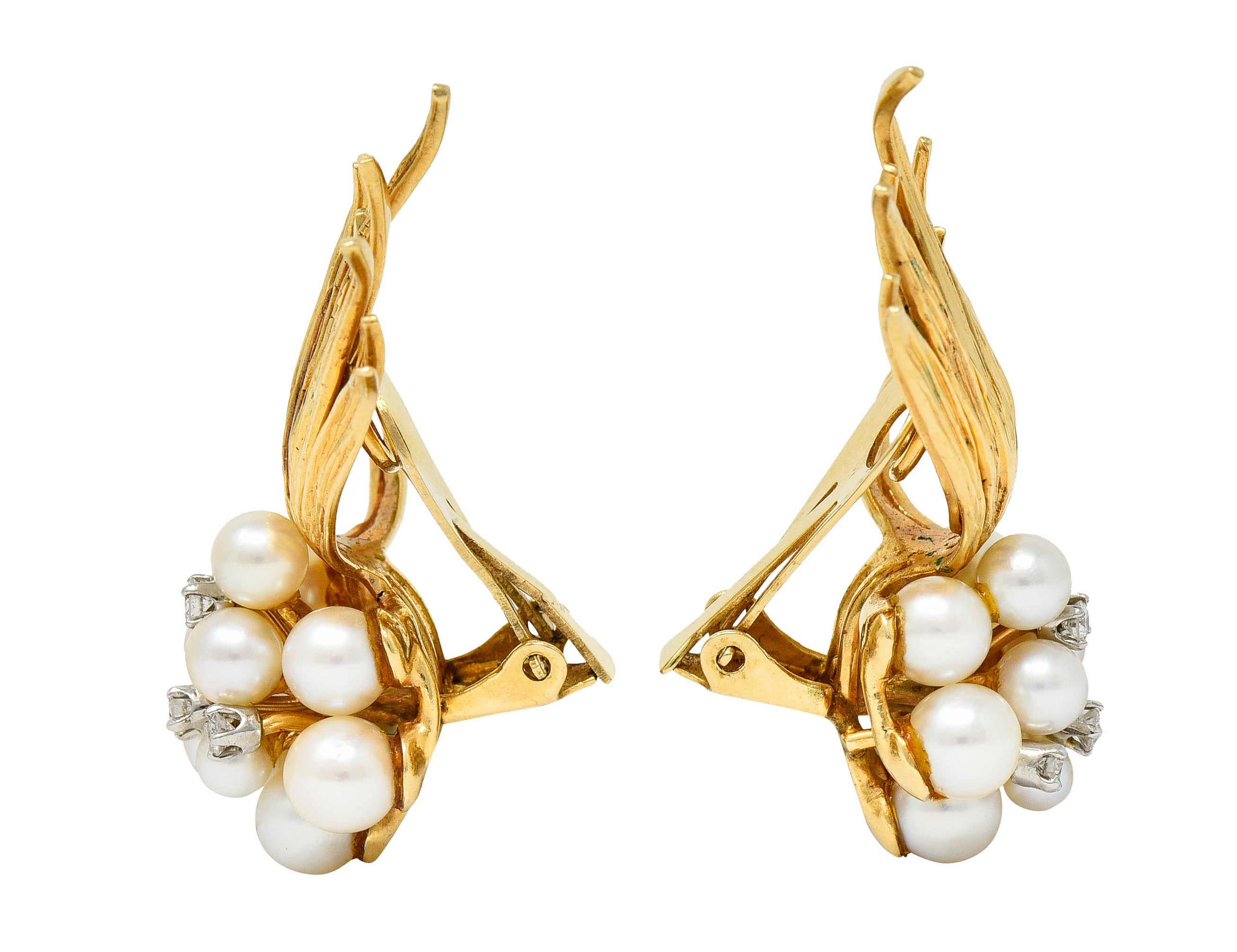 1950's Mid-Century Pearl Diamond 14 Karat Gold Cluster Ear-Clip EarringsEarrings - Wilson's Estate Jewelry