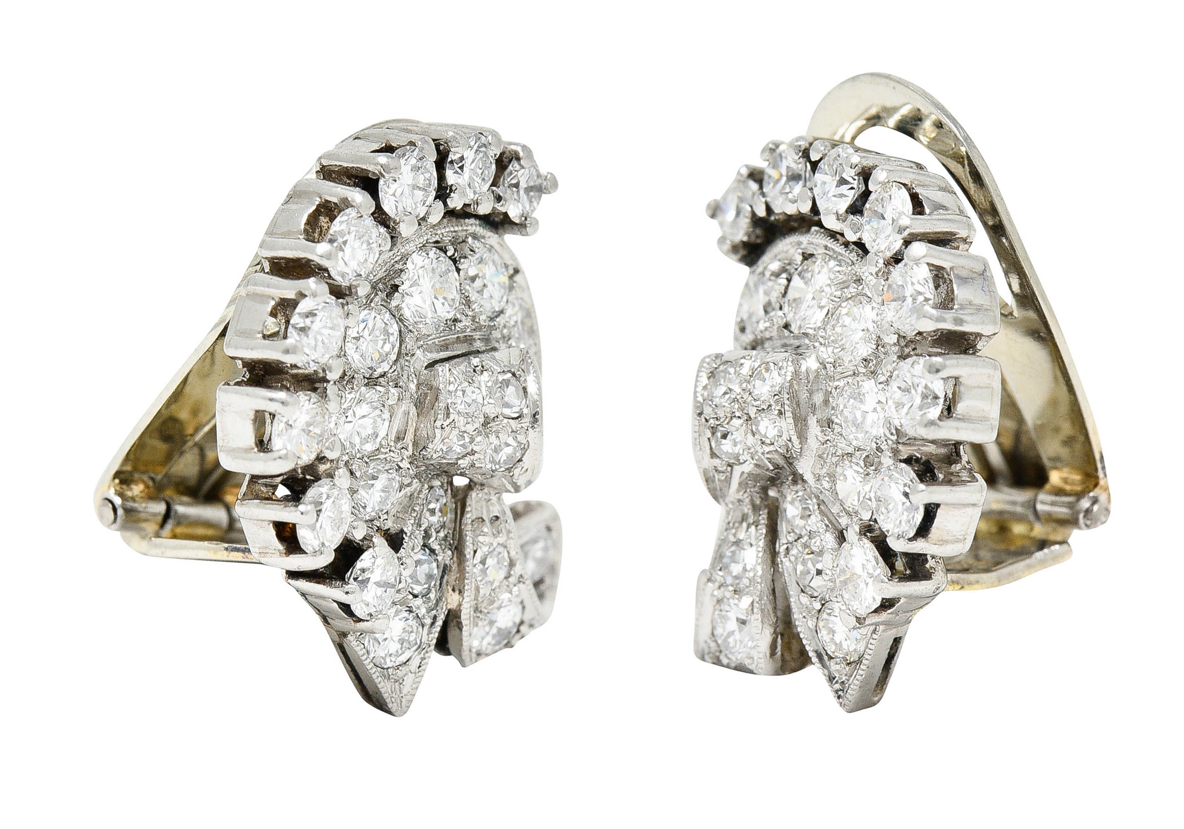 1950's Mid-Century 1.15 CTW Diamond Platinum Ribboned Ear-Clip EarringsEarrings - Wilson's Estate Jewelry