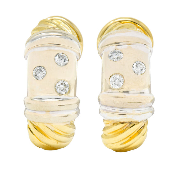 David Yurman Diamond 18 Karat Yellow And White Gold Metro J Hoop EarringsEarrings - Wilson's Estate Jewelry
