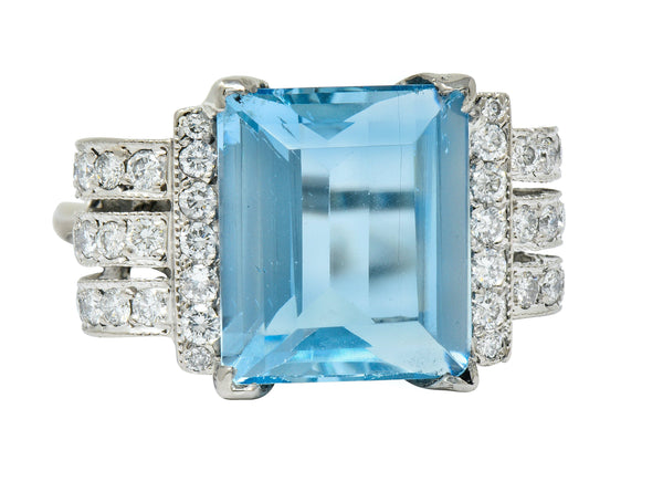 Retro 7.75 CTW Aquamarine Diamond 18 Karat Gold Scrolled Statement RingRing - Wilson's Estate Jewelry