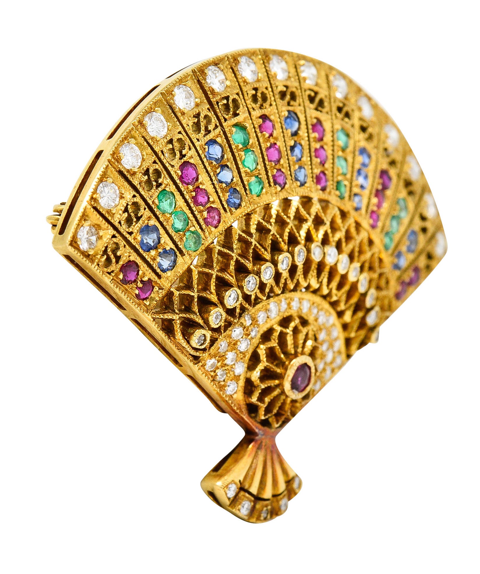 Vintage Sapphire Diamond Ruby Emerald 18 Karat Gold Fan BroochBrooch - Wilson's Estate Jewelry