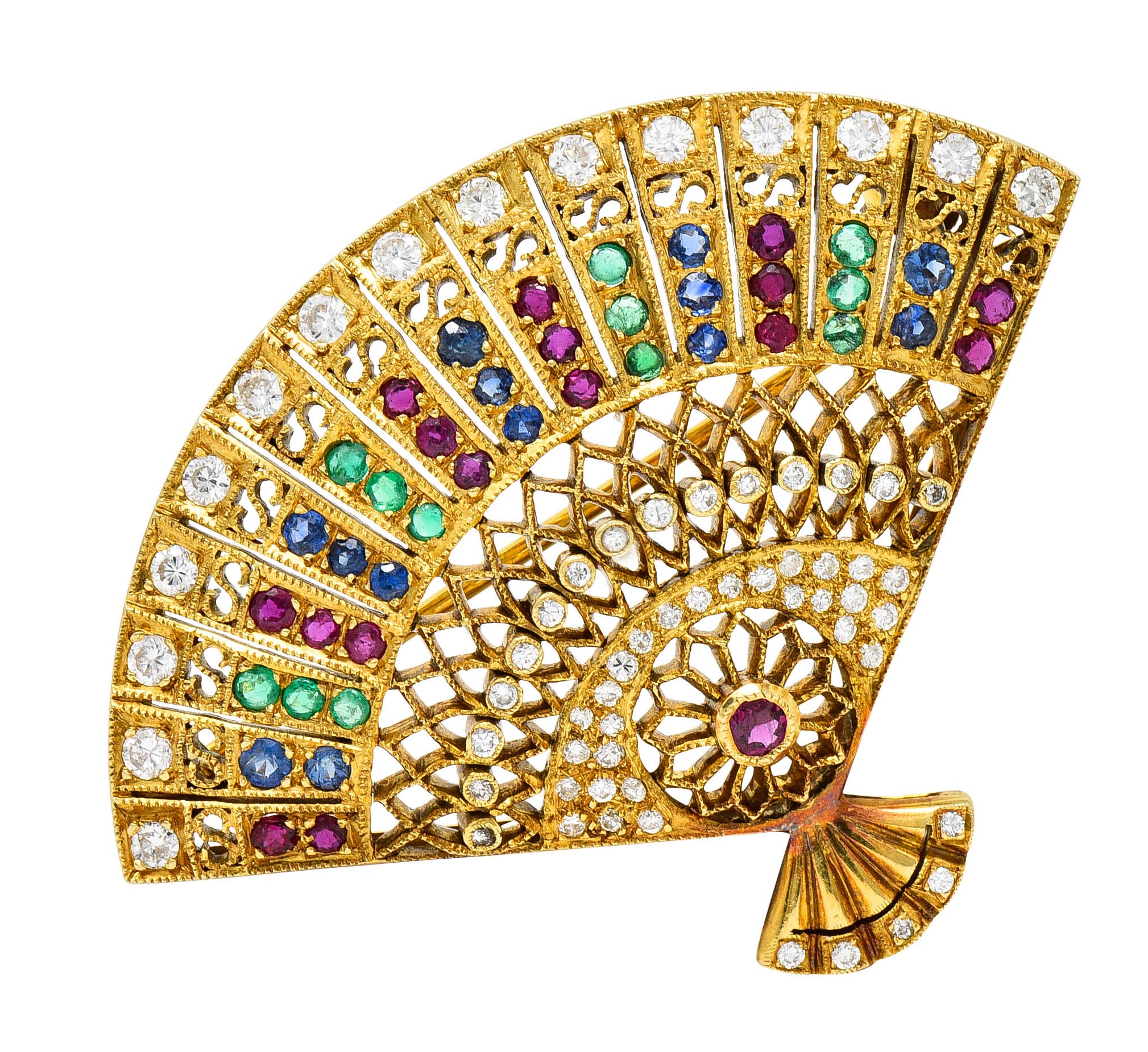 Vintage Sapphire Diamond Ruby Emerald 18 Karat Gold Fan BroochBrooch - Wilson's Estate Jewelry