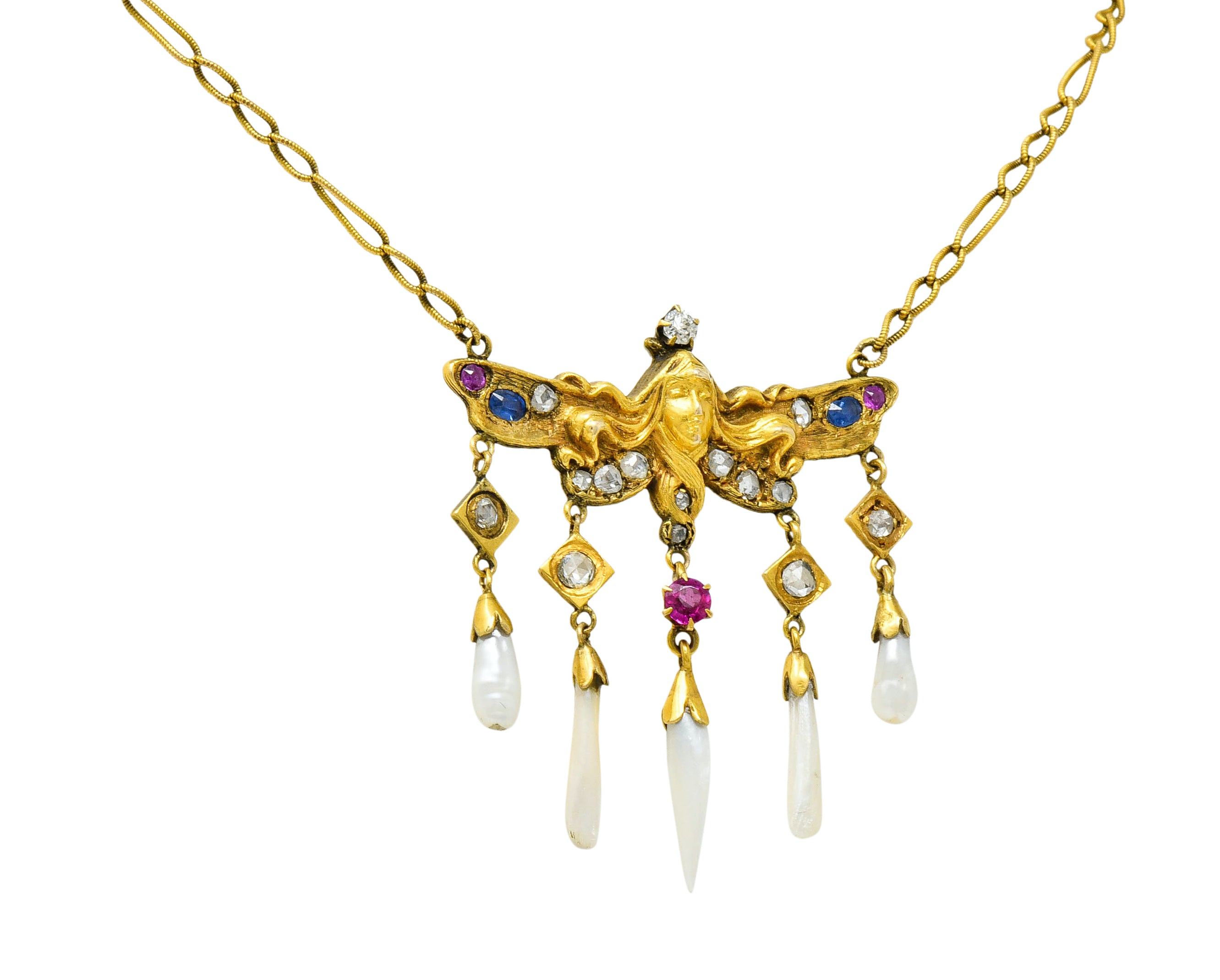 Art Nouveau Diamond Ruby Sapphire Pearl 14 Karat Gold Droplet NecklaceNecklace - Wilson's Estate Jewelry