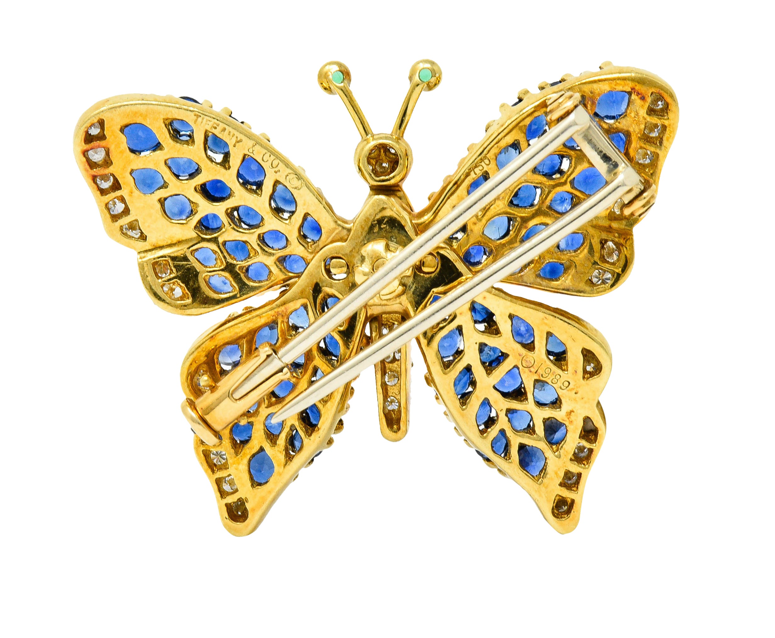 1989 Tiffany & Co. 4.22 CTW Sapphire Diamond Emerald 18 Karat Gold Butterfly BroochBrooch - Wilson's Estate Jewelry