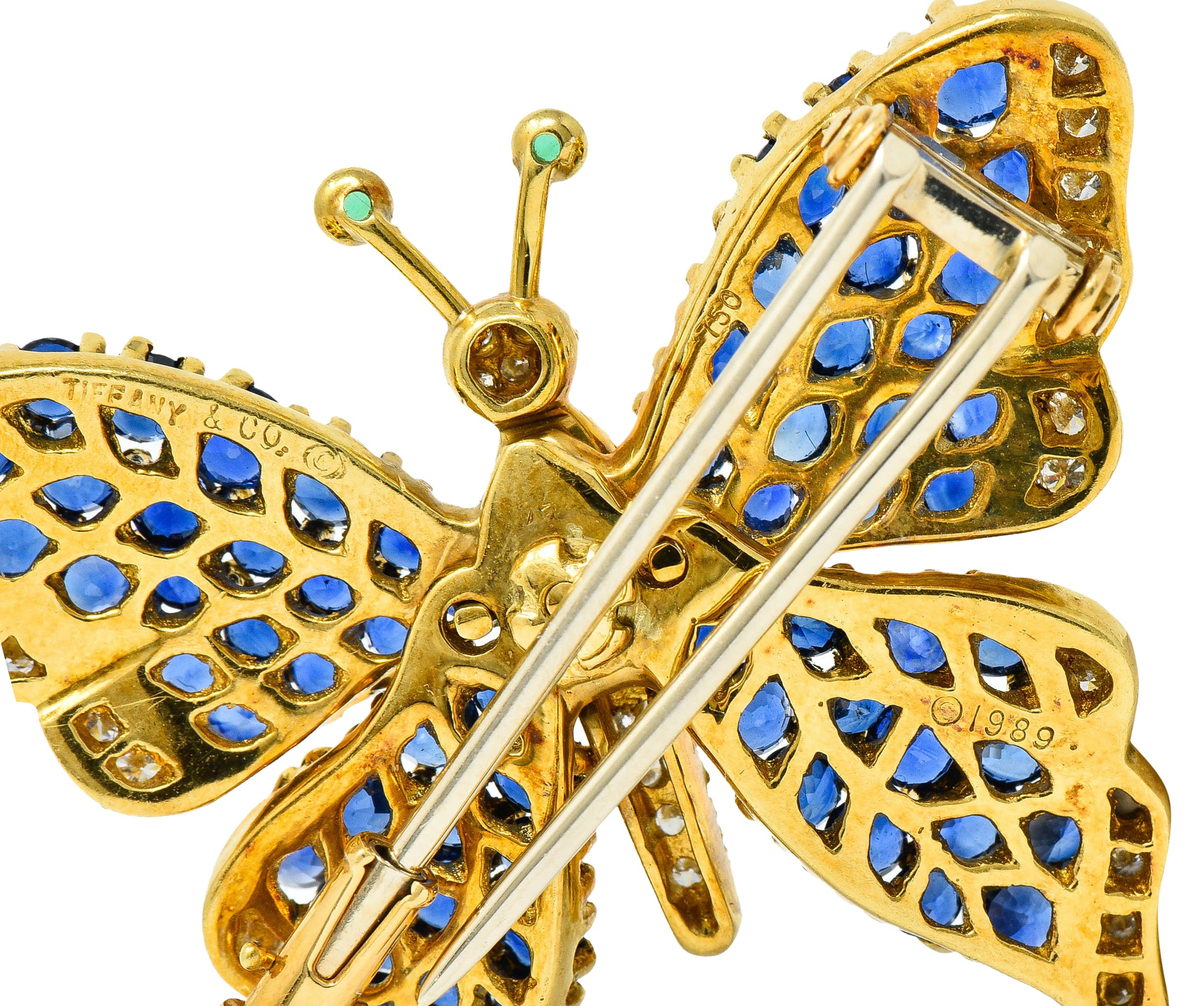 1989 Tiffany & Co. 4.22 CTW Sapphire Diamond Emerald 18 Karat Gold Butterfly BroochBrooch - Wilson's Estate Jewelry