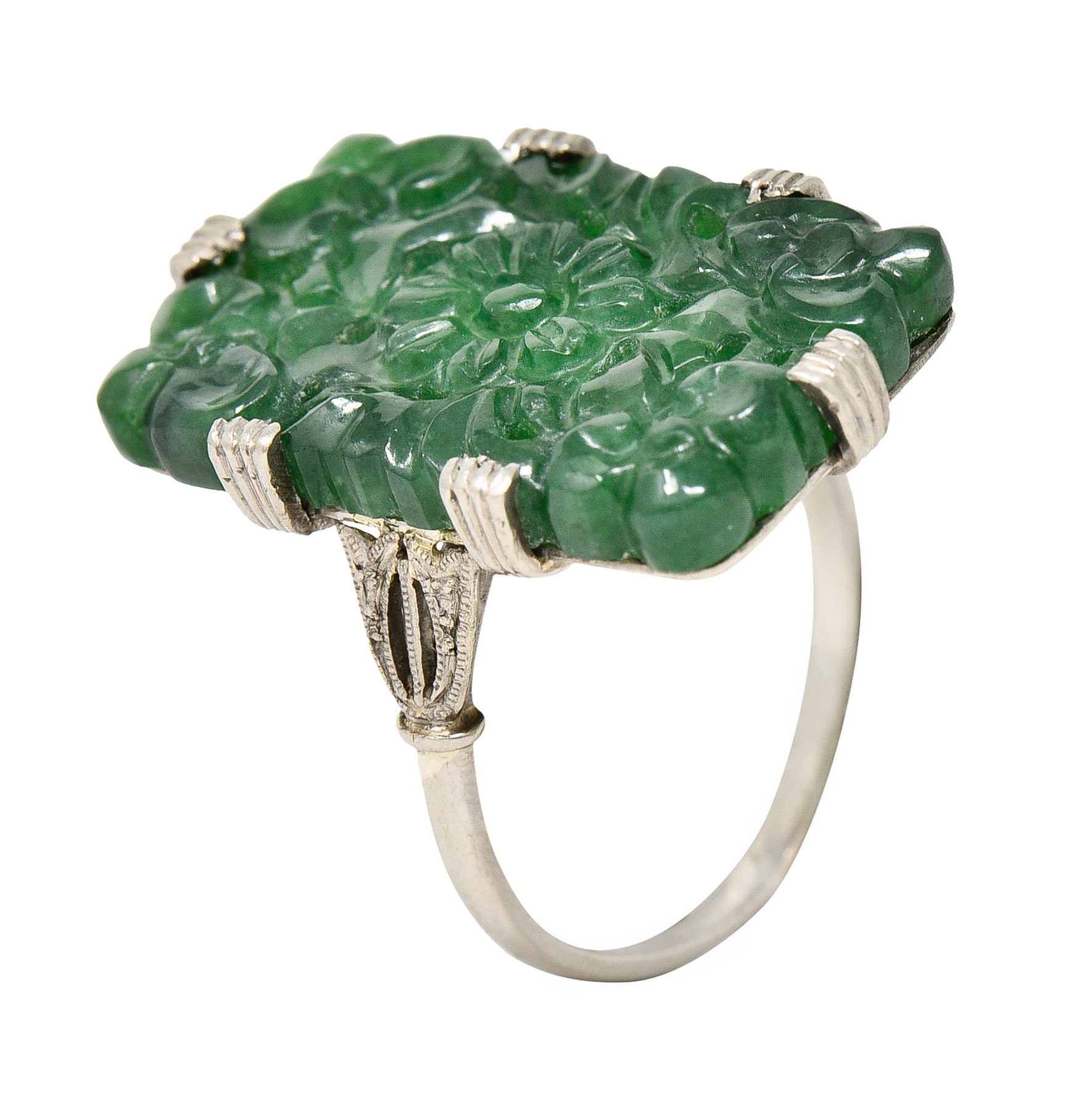 Art Deco Carved Jade Platinum Floral Statement Antique Ring Wilson's Estate Jewelry