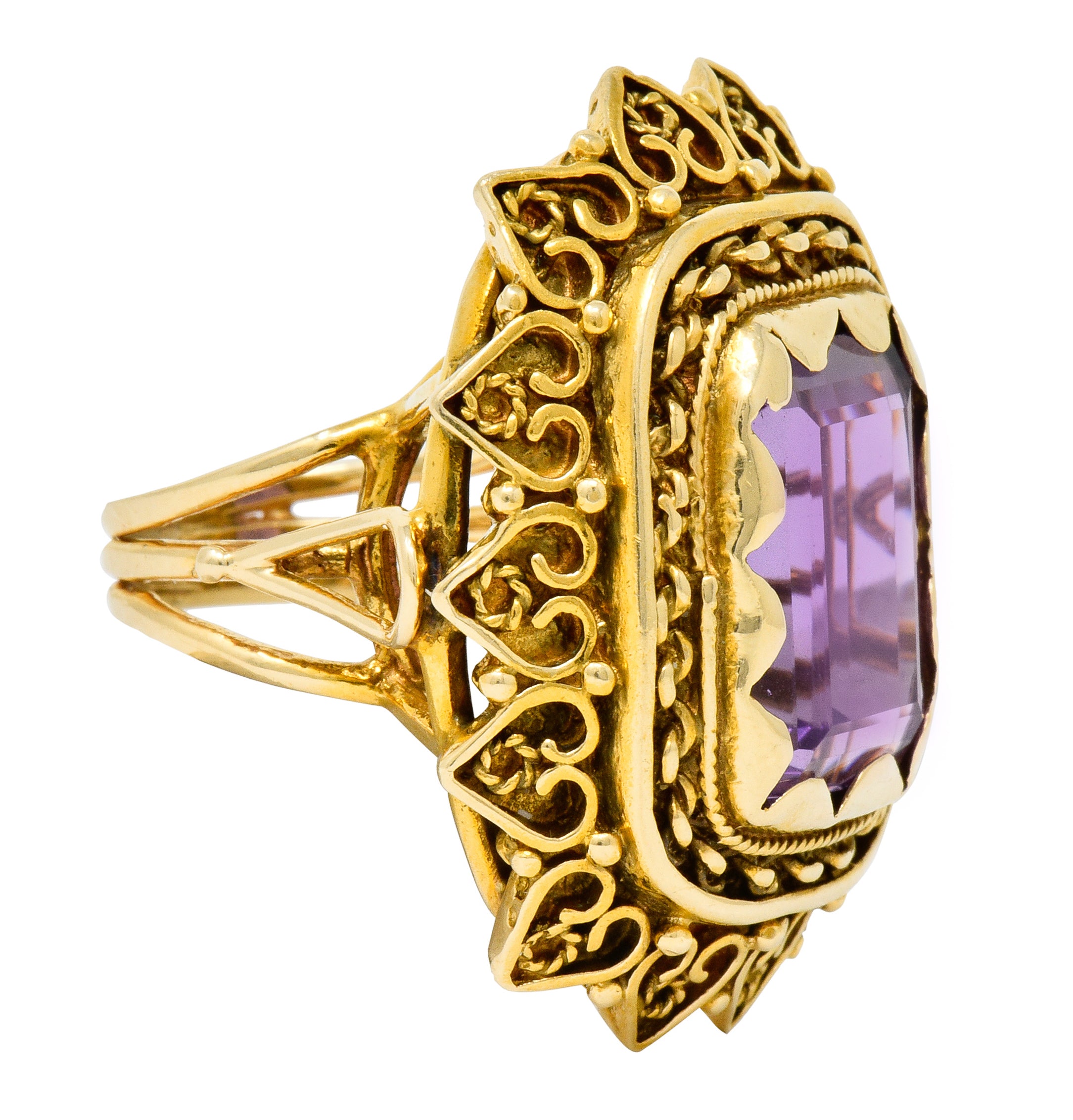 Vintage 13.64 CTW Emerald Cut Amethyst 14 Karat Gold Cocktail Ring - Wilson's Estate Jewelry