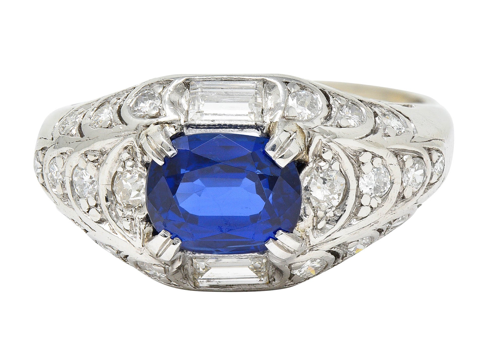 Art Deco 2.24 CTW No Heat Madagascar Sapphire Diamond Platinum Scalloped RingRing - Wilson's Estate Jewelry