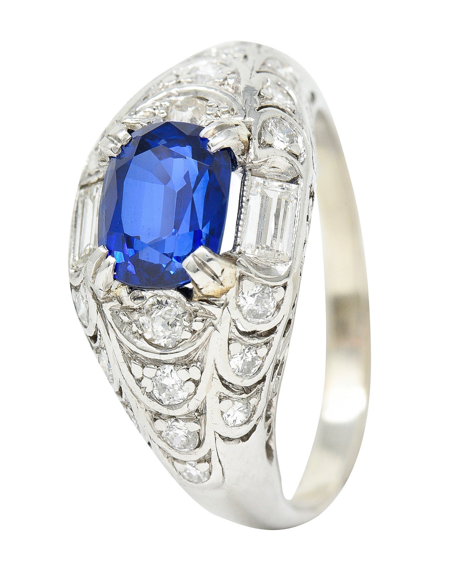 Art Deco 2.24 CTW No Heat Madagascar Sapphire Diamond Platinum Scalloped RingRing - Wilson's Estate Jewelry