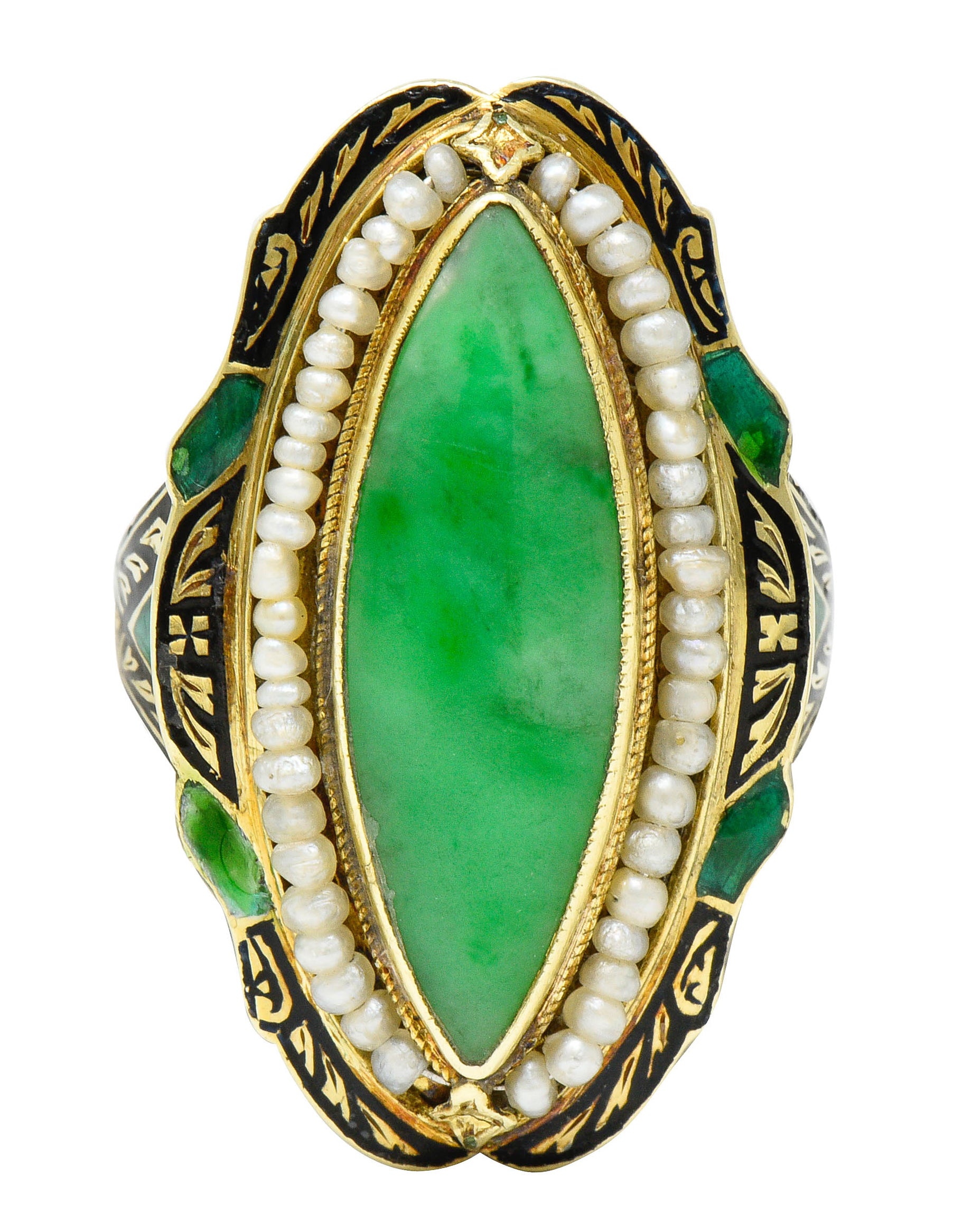 Art Deco Jade Natural Freshwater Pearl Enamel 14 Karat Gold Navette RingRing - Wilson's Estate Jewelry