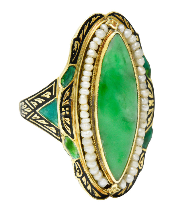 Art Deco Jade Natural Freshwater Pearl Enamel 14 Karat Gold Navette RingRing - Wilson's Estate Jewelry