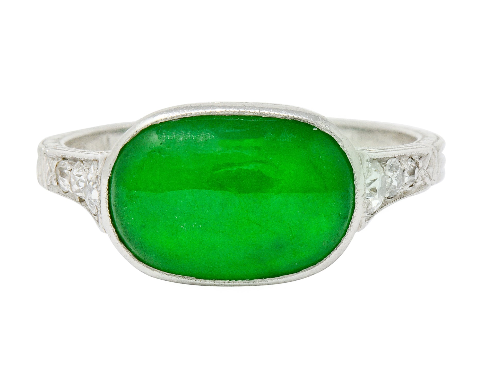 Art Deco Jadeite Jade Diamond Platinum Cabochon Ring GIA - Wilson's Estate Jewelry