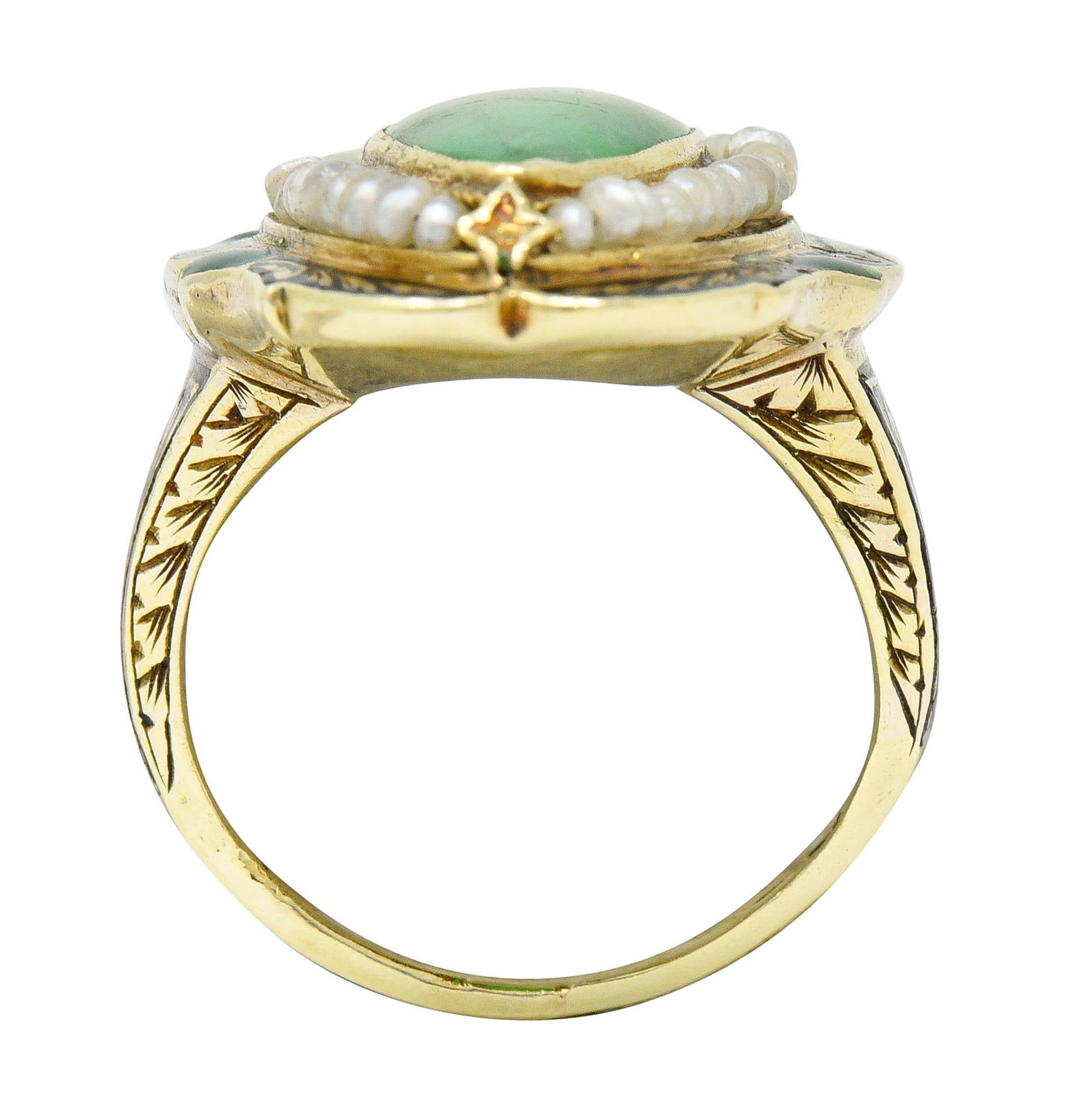 Art Deco Jade Natural Freshwater Pearl Enamel 14 Karat Gold Navette RingRing - Wilson's Estate Jewelry