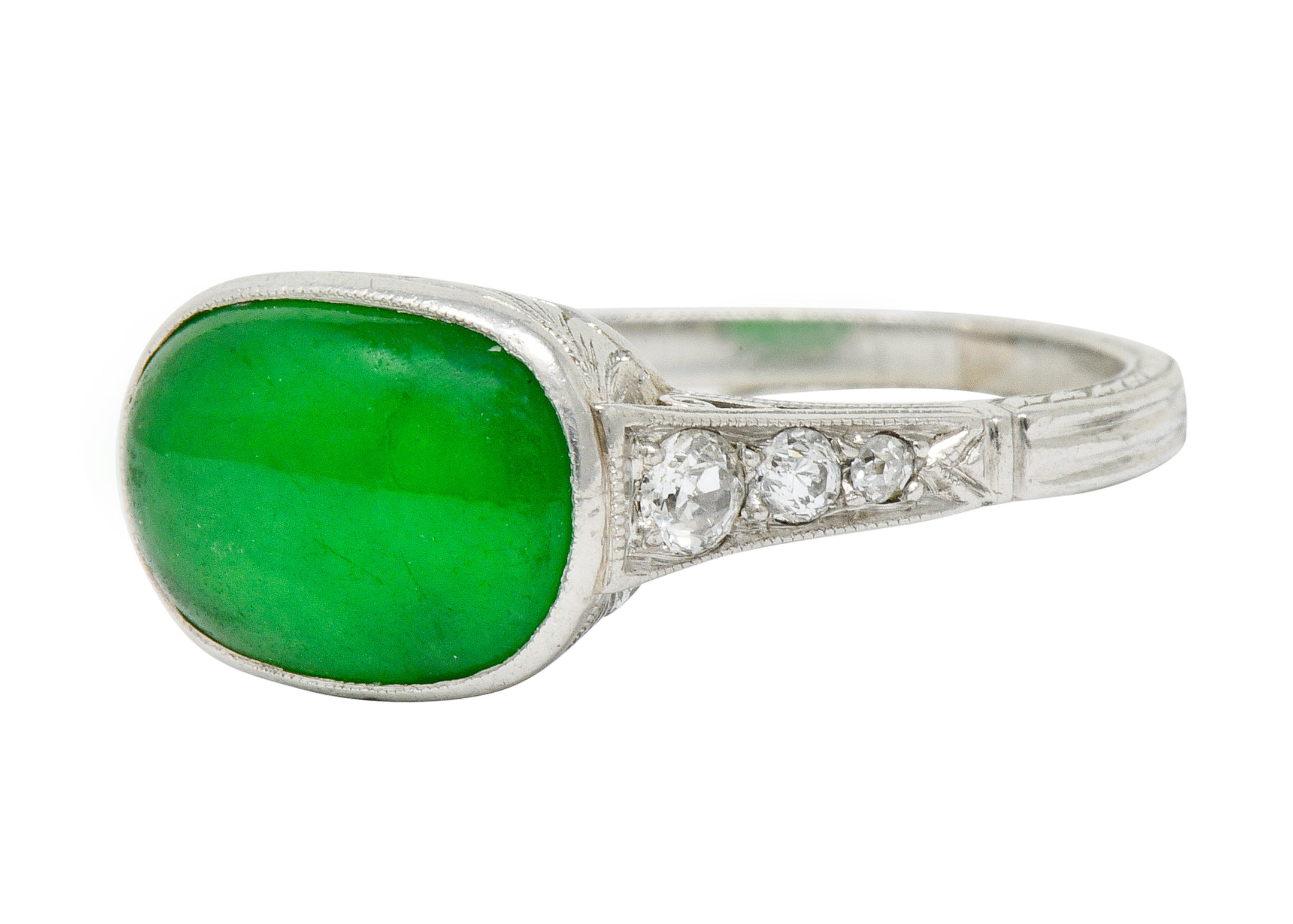 Art Deco Jadeite Jade Diamond Platinum Cabochon Ring GIA - Wilson's Estate Jewelry