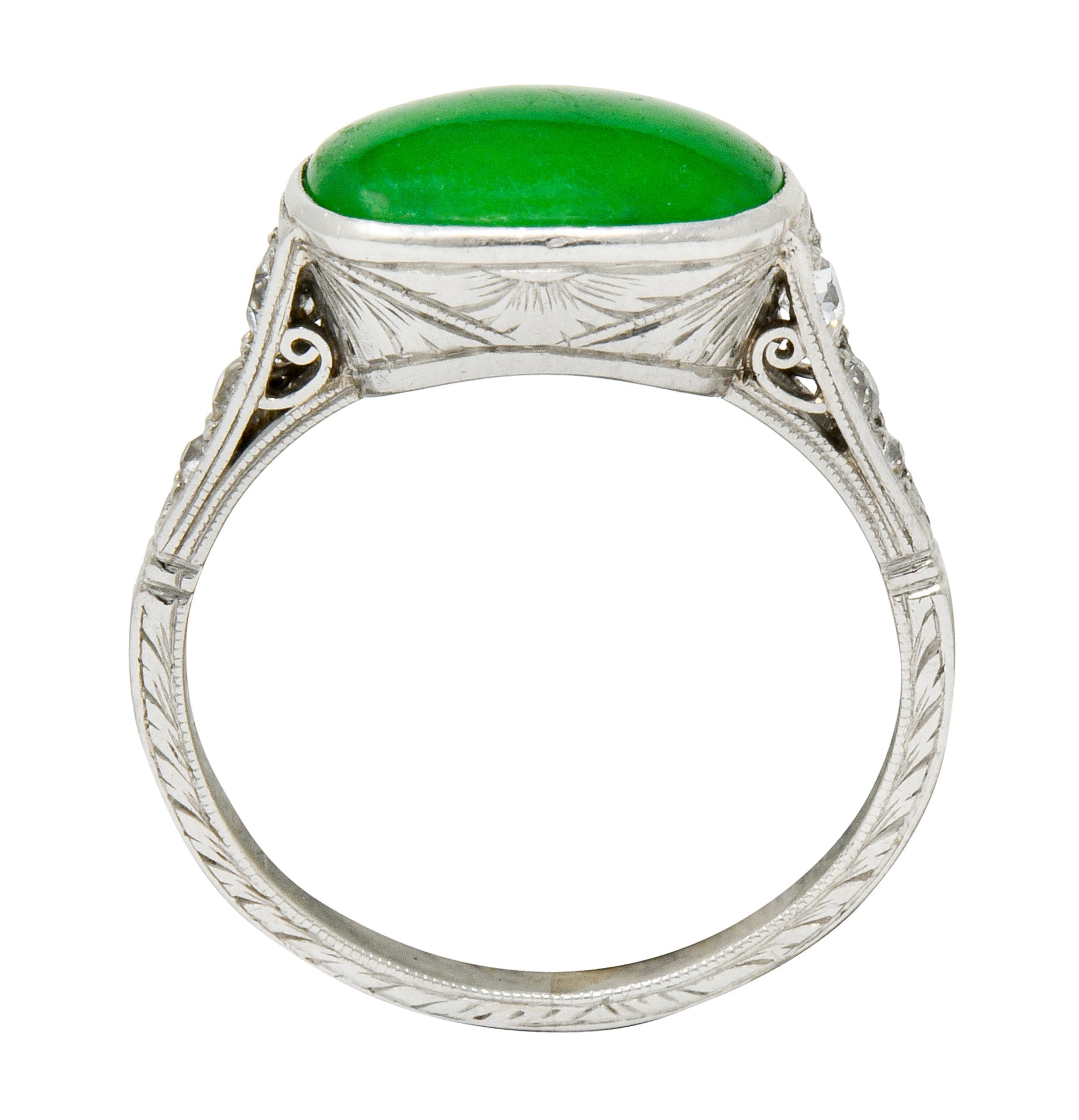 Art Deco Jadeite Jade Diamond Platinum Cabochon Ring GIA - Wilson's Estate Jewelry