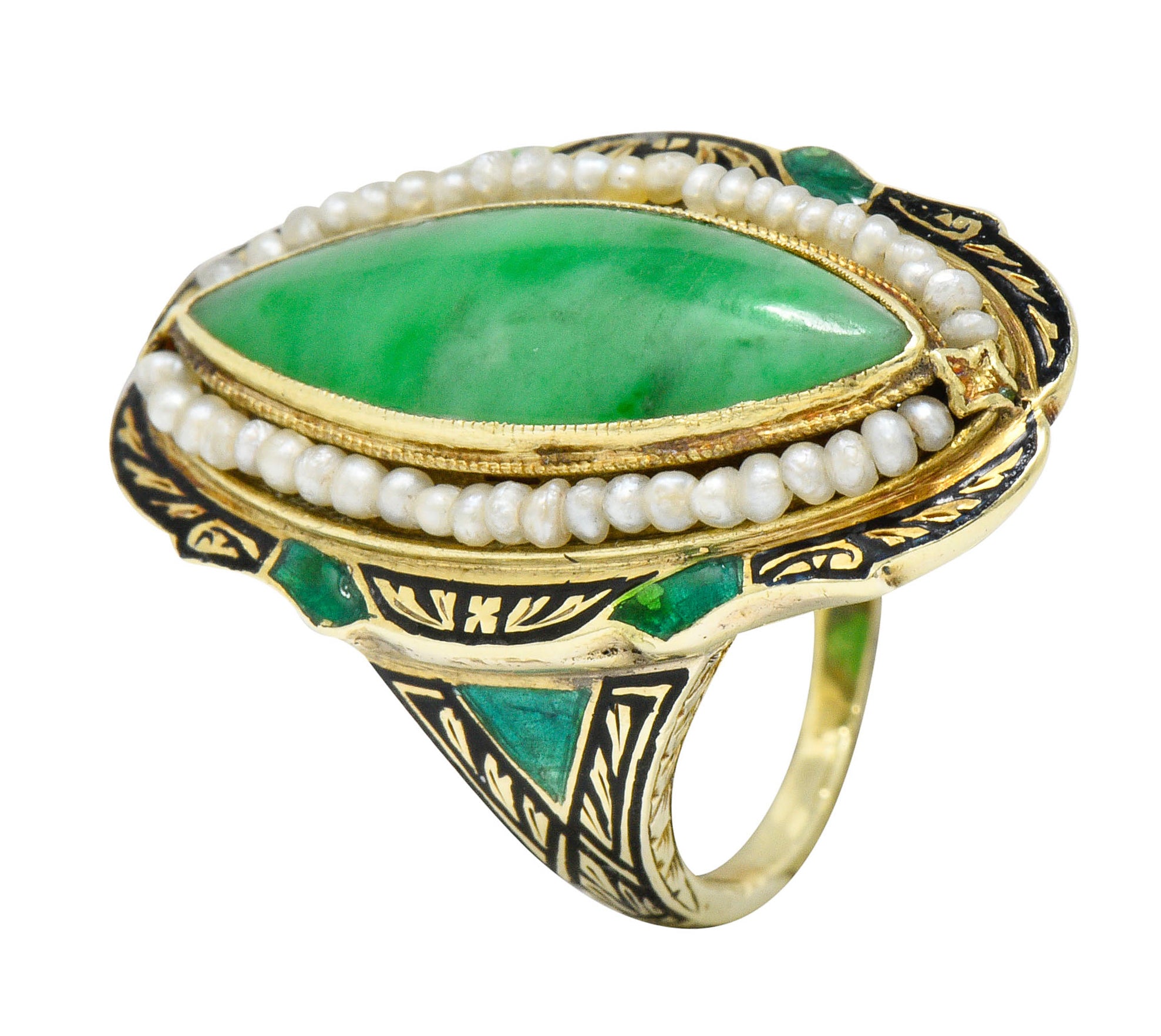 Art Deco Jade Natural Freshwater Pearl Enamel 14 Karat Gold Navette RingRing - Wilson's Estate Jewelry