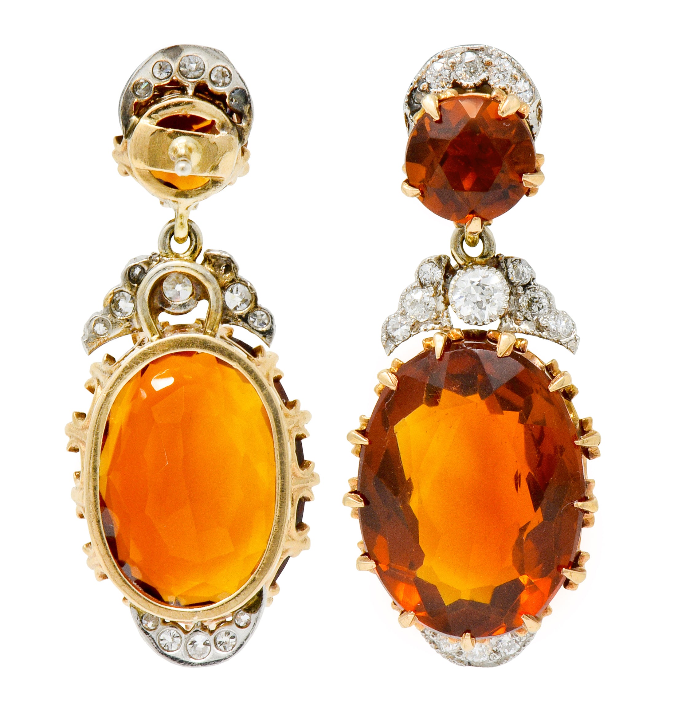 Edwardian 17.66 CTW Maderia Citrine Diamond Platinum 14 Karat Gold Drop Earrings - Wilson's Estate Jewelry