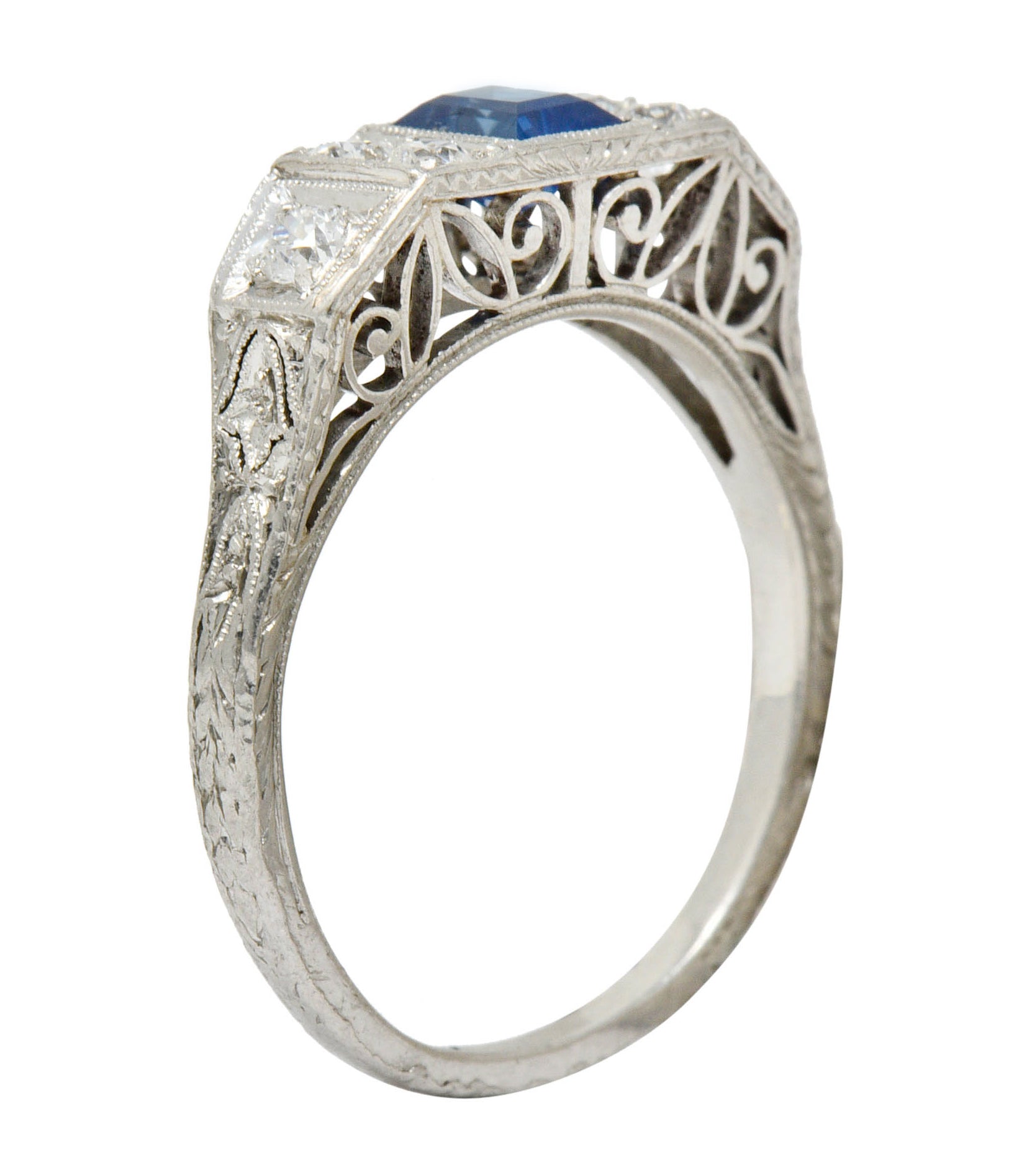 Art Deco Sapphire Diamond Platinum Filigree Band RingRing - Wilson's Estate Jewelry