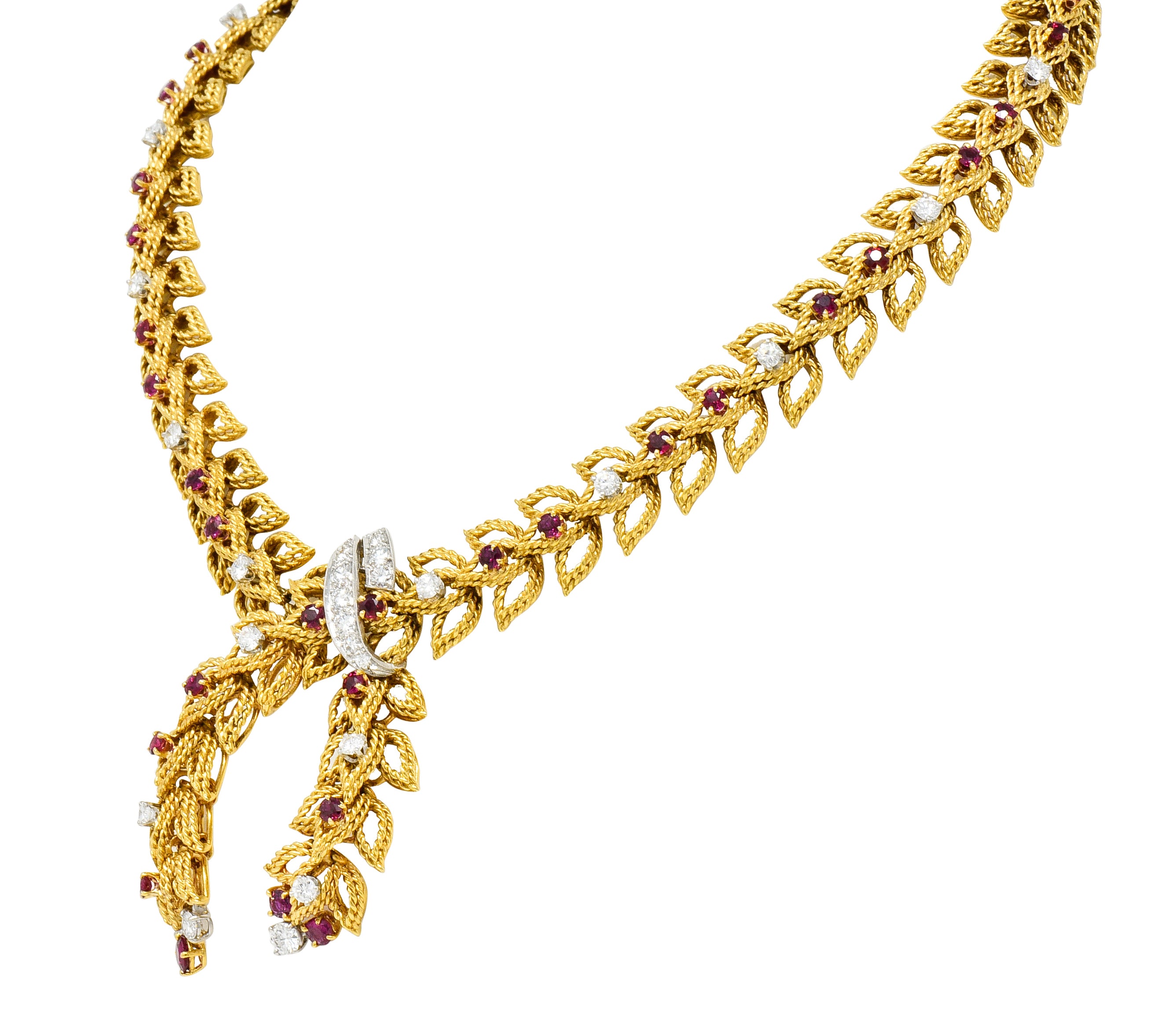 1950's Mid-Century 8.91 CTW Diamond Ruby Platinum 18 Karat Gold Foliate Link Lariat Necklace - Wilson's Estate Jewelry