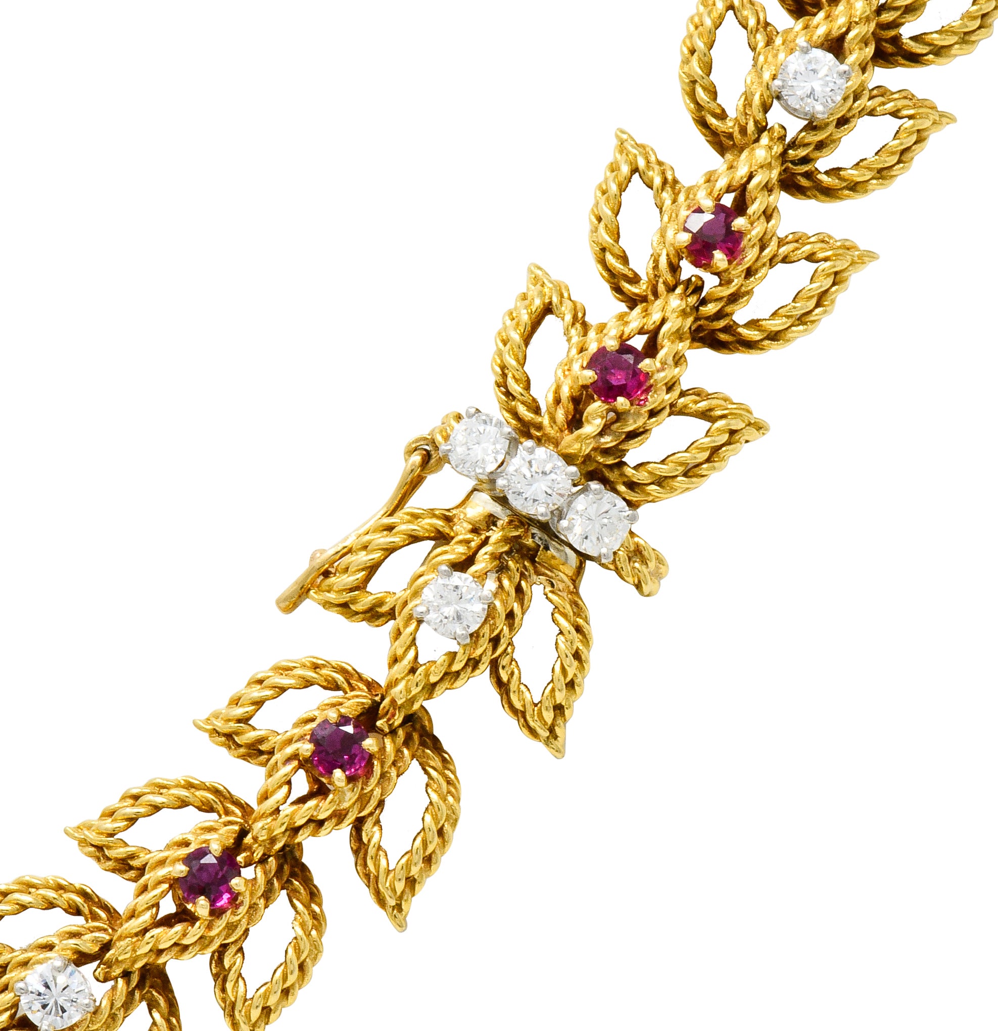 1950's Mid-Century 8.91 CTW Diamond Ruby Platinum 18 Karat Gold Foliate Link Lariat Necklace - Wilson's Estate Jewelry