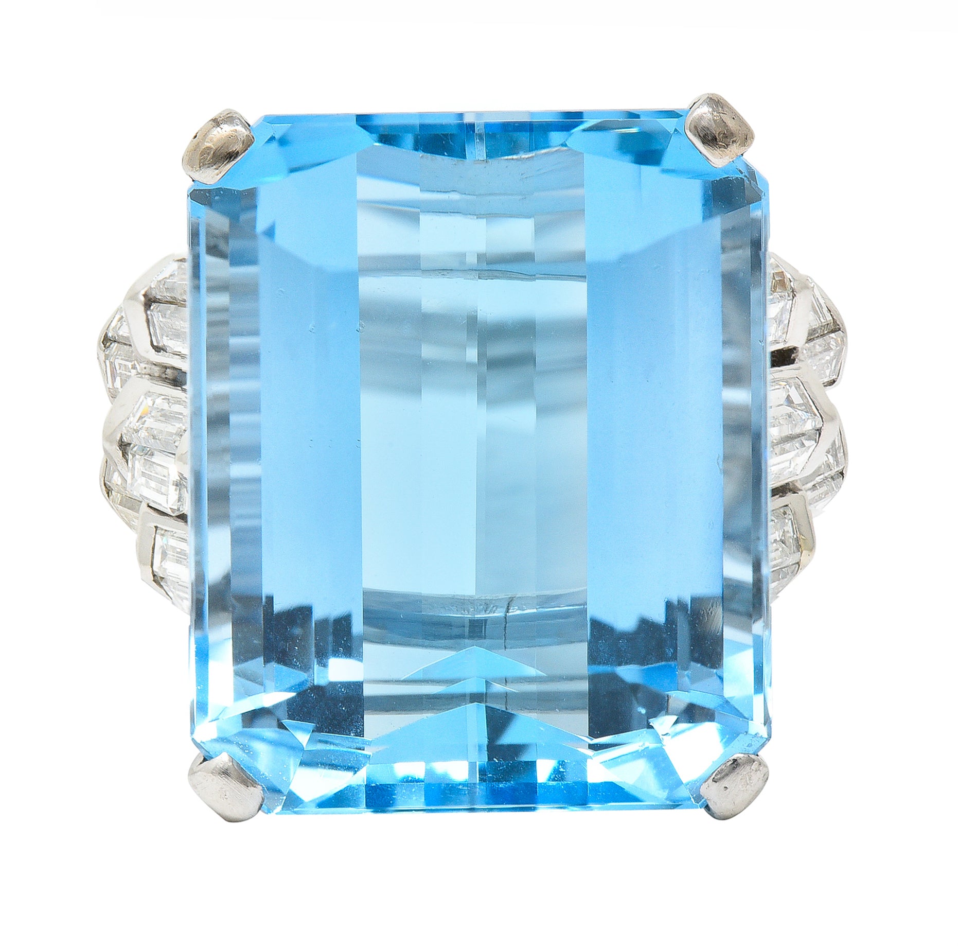 Mid-Century 25.76 CTW Emerald Cut Aquamarine Baguette Cut Diamond Platinum Stepped Chevron Antique Cocktail Ring Wilson's Estate Jewelry