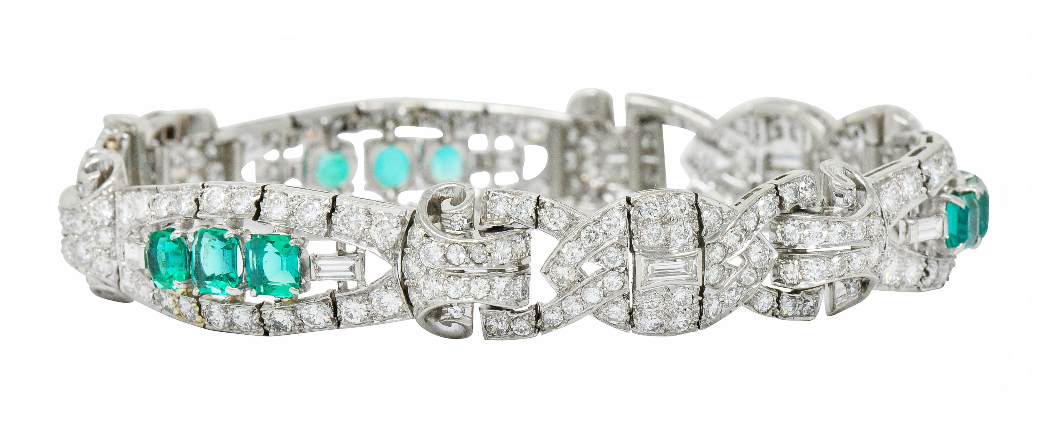 1950's Mid-Century 9.55 CTW Emerald Diamond Platinum Scrolled Link Braceletbracelet - Wilson's Estate Jewelry