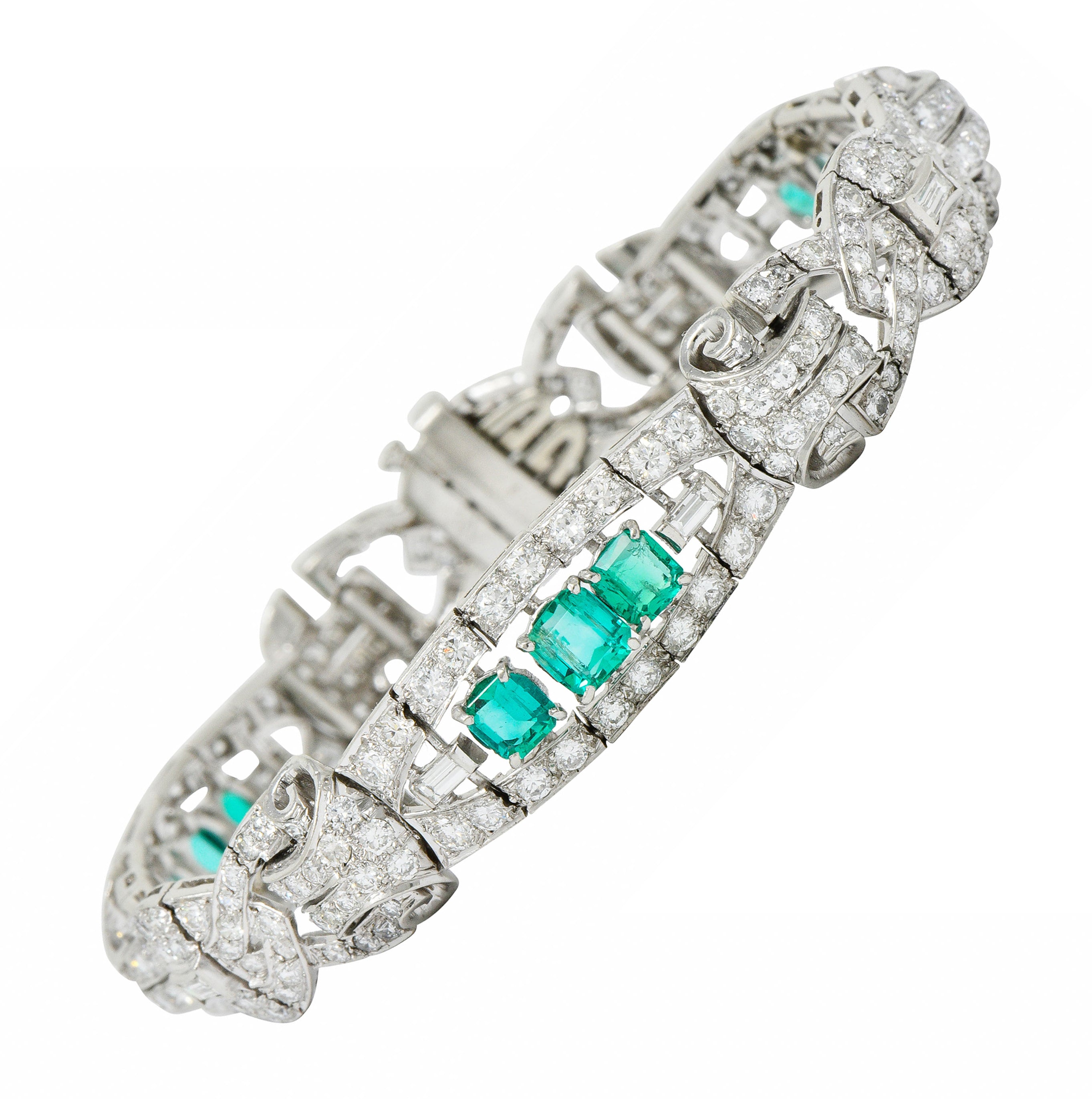 1950's Mid-Century 9.55 CTW Emerald Diamond Platinum Scrolled Link Braceletbracelet - Wilson's Estate Jewelry