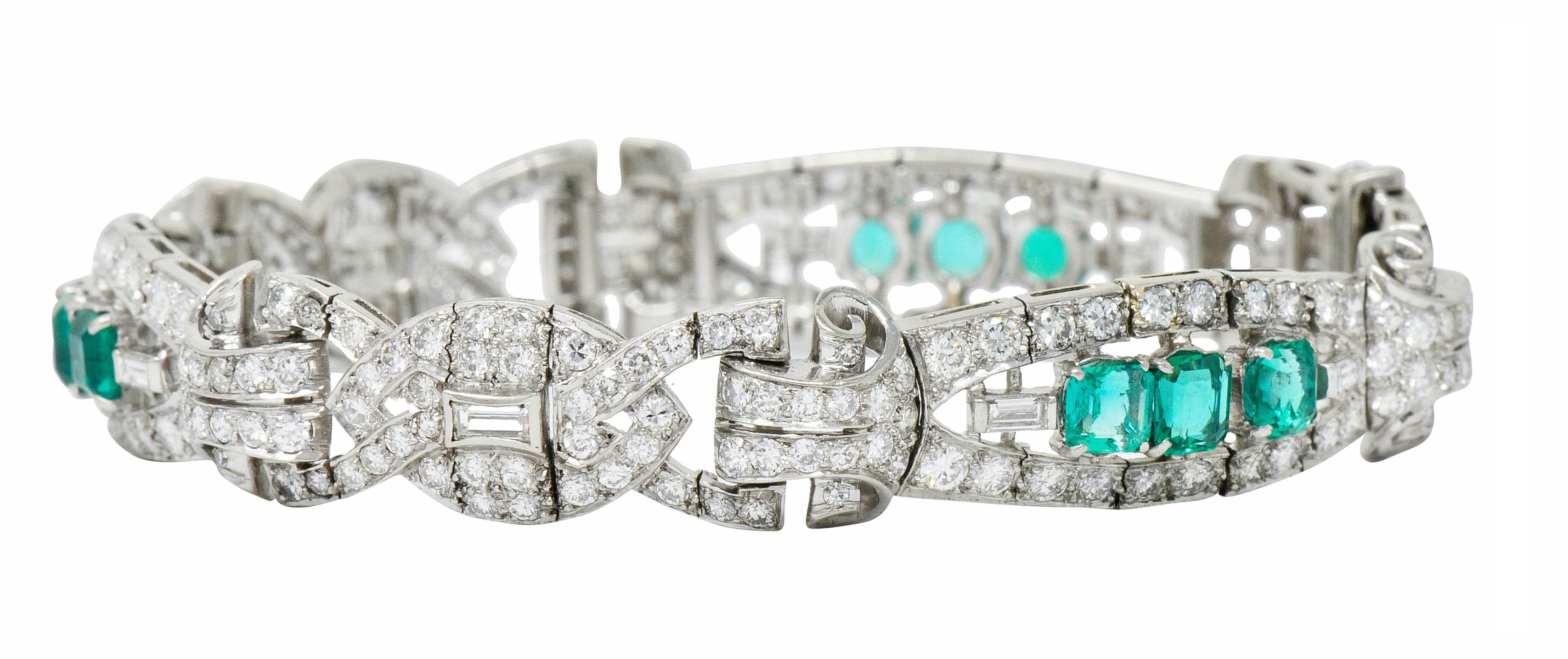 1950's Mid-Century 9.55 CTW Emerald Diamond Platinum Scrolled Link Braceletbracelet - Wilson's Estate Jewelry