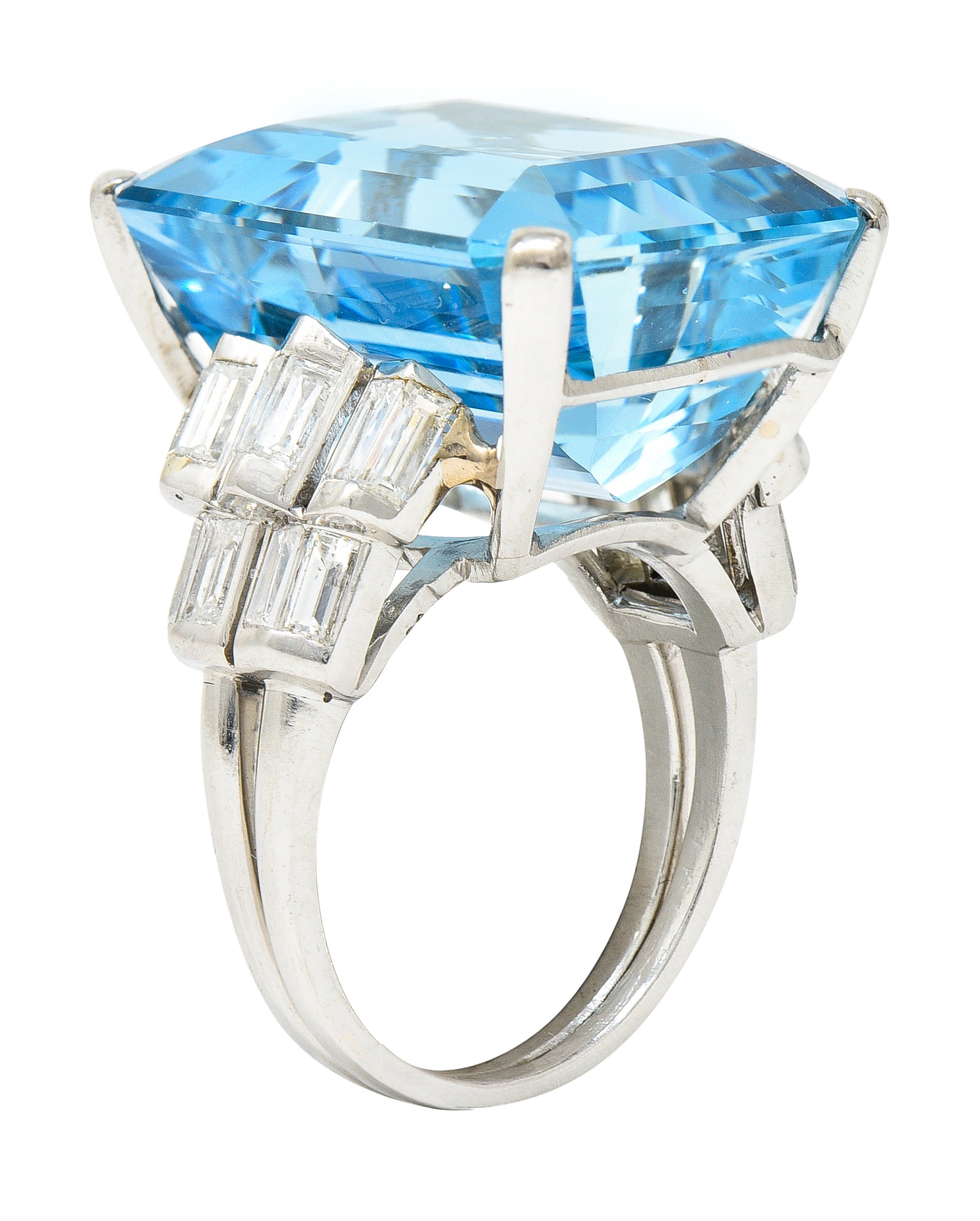 Mid-Century 25.76 CTW Emerald Cut Aquamarine Baguette Cut Diamond Platinum Stepped Chevron Antique Cocktail Ring Wilson's Estate Jewelry