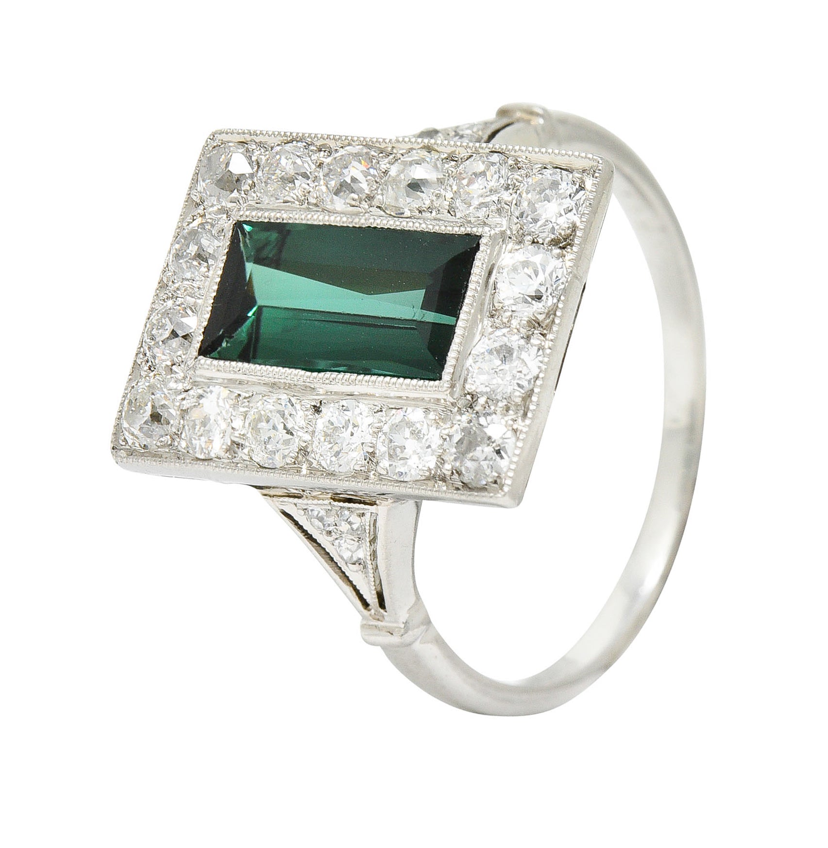 Art Deco Green Tourmaline 1.00 CTW Diamond Platinum Halo Cocktail RingRing - Wilson's Estate Jewelry