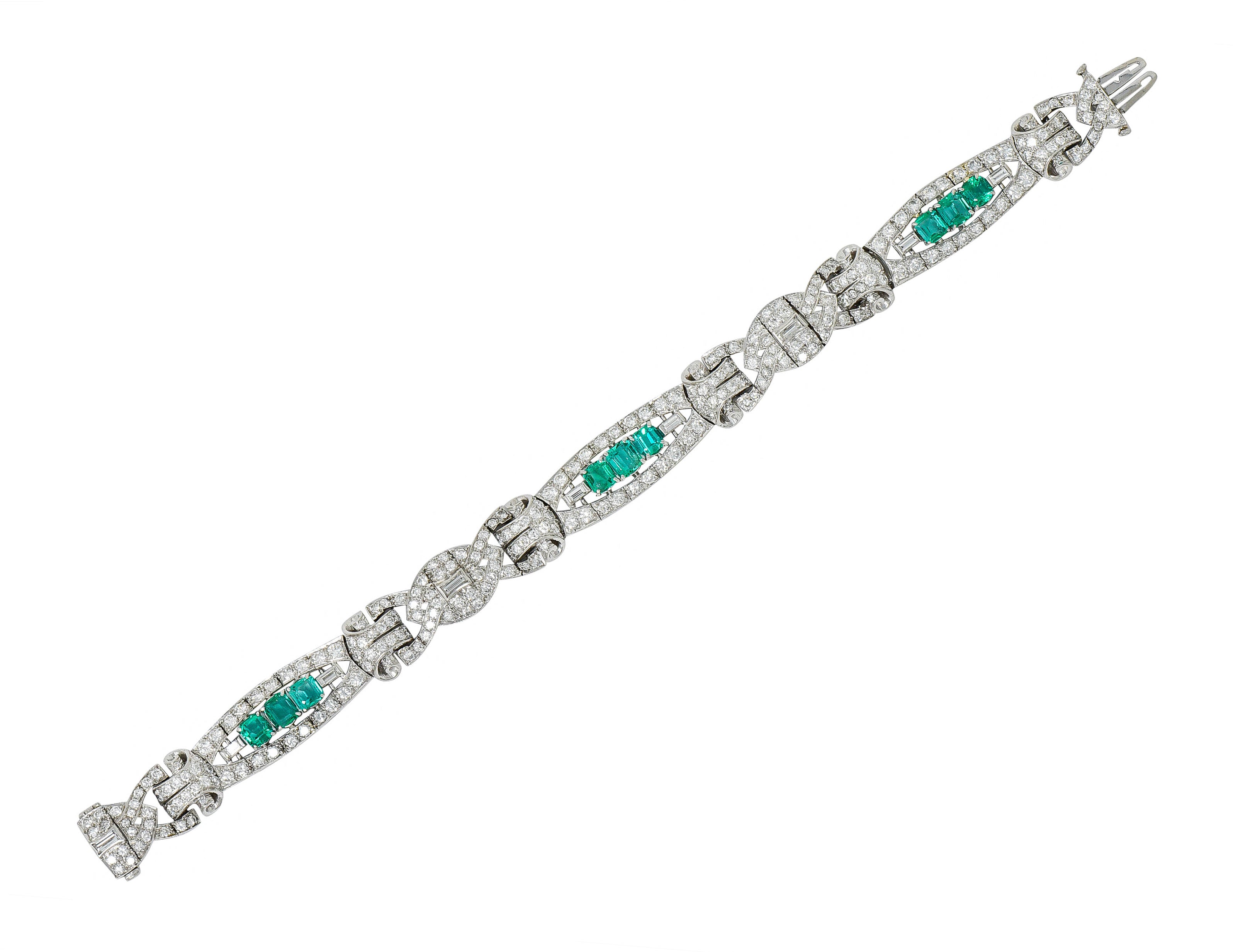 1950's Mid-Century 9.55 CTW Emerald Diamond Platinum Scrolled Link Braceletbracelet - Wilson's Estate Jewelry