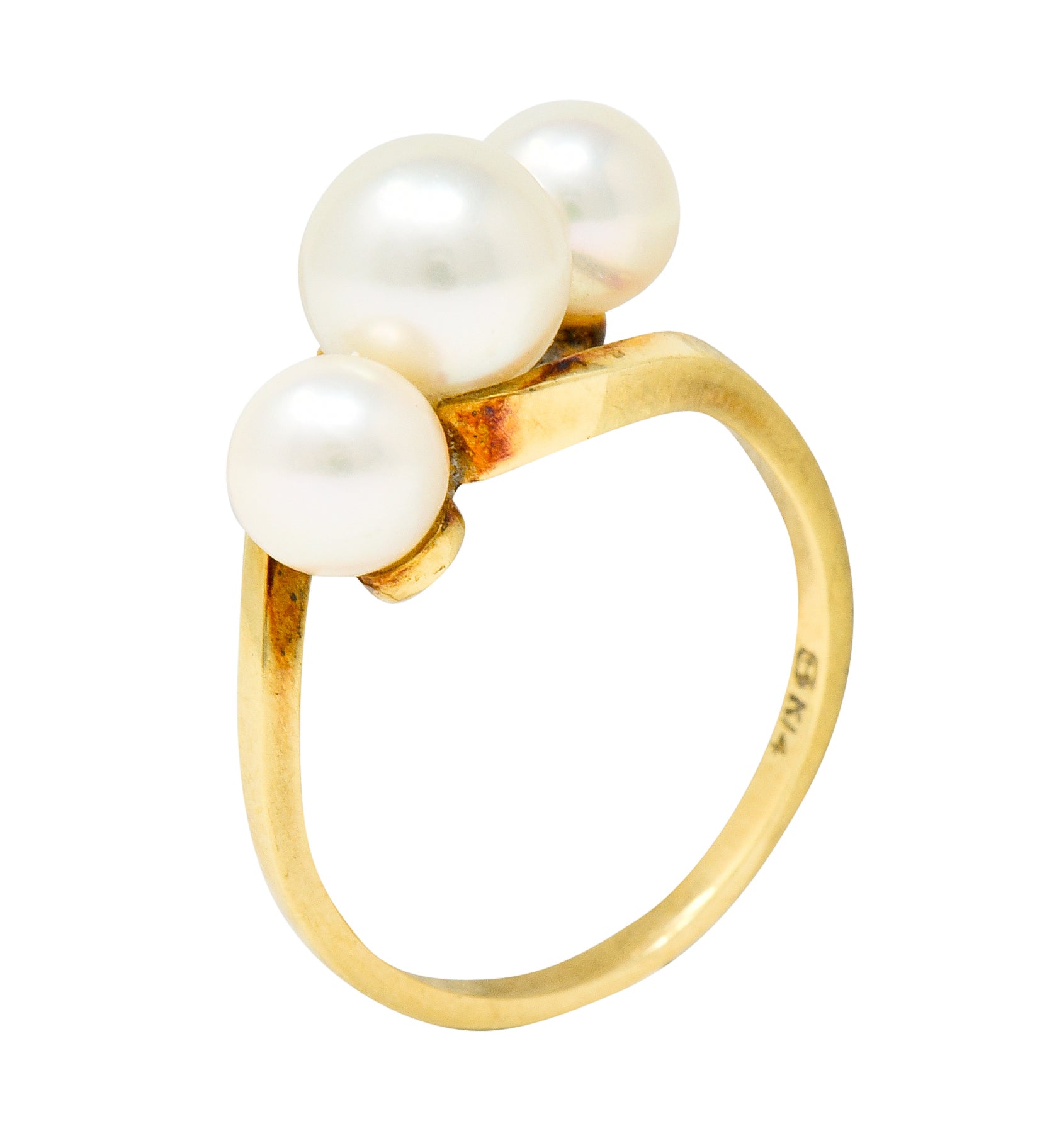 Mikimoto Vintage Cultured Pearl 14 Karat Gold Three Stone Ring - Wilson's Estate Jewelry