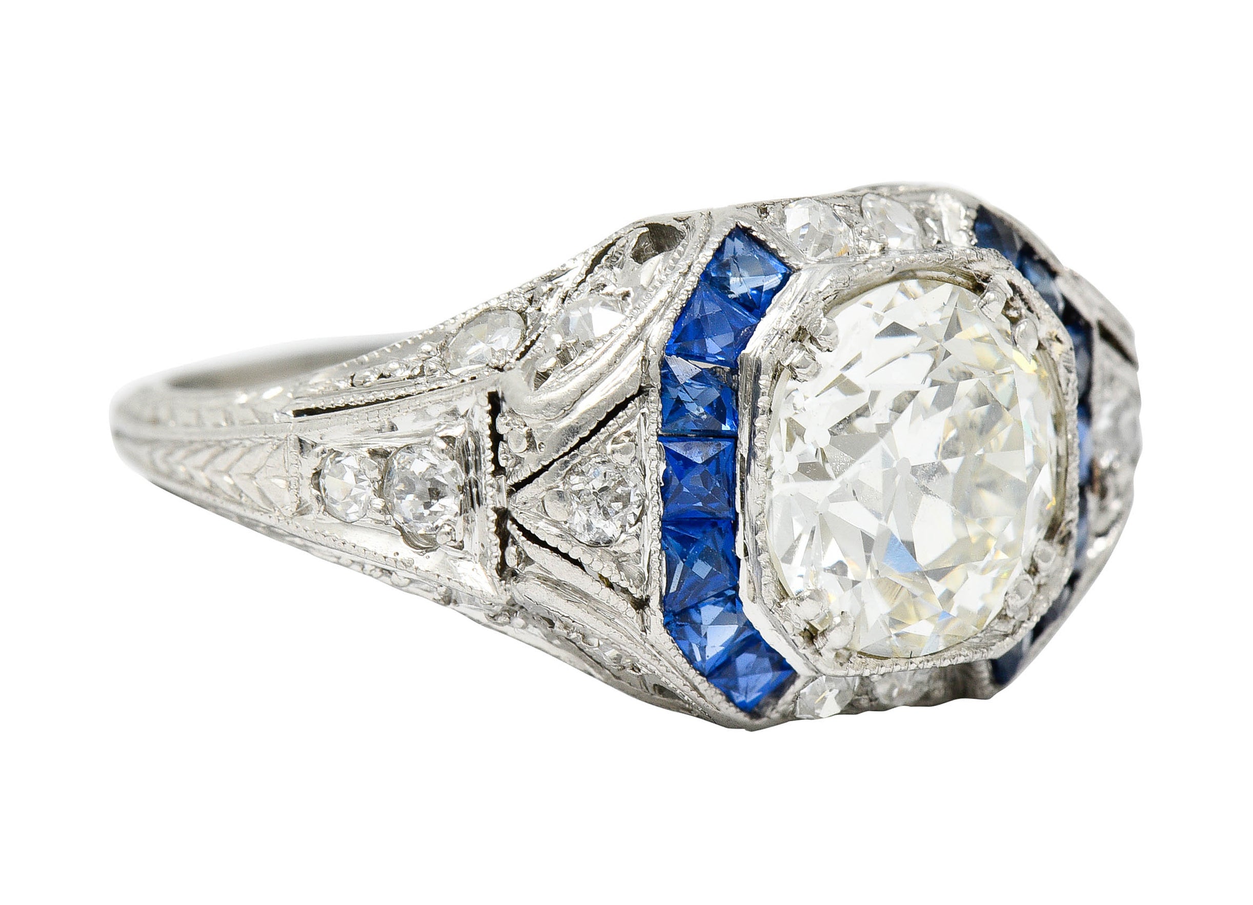 Art Deco 2.75 CTW Diamond Sapphire Platinum Octagonal Ring GIA Circa 1930Ring - Wilson's Estate Jewelry