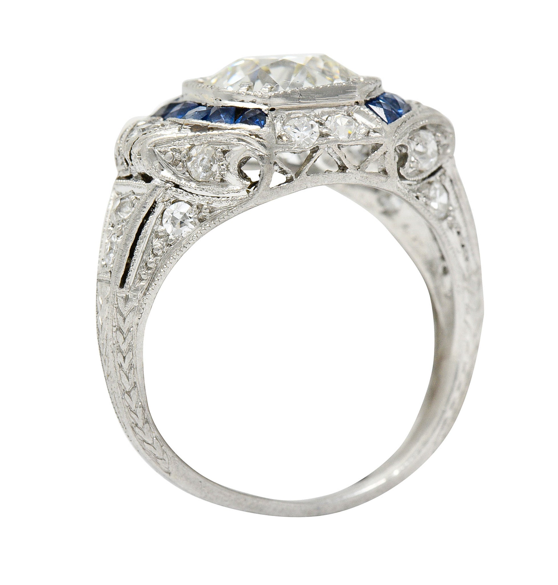 Art Deco 2.75 CTW Diamond Sapphire Platinum Octagonal Ring GIA Circa 1930Ring - Wilson's Estate Jewelry