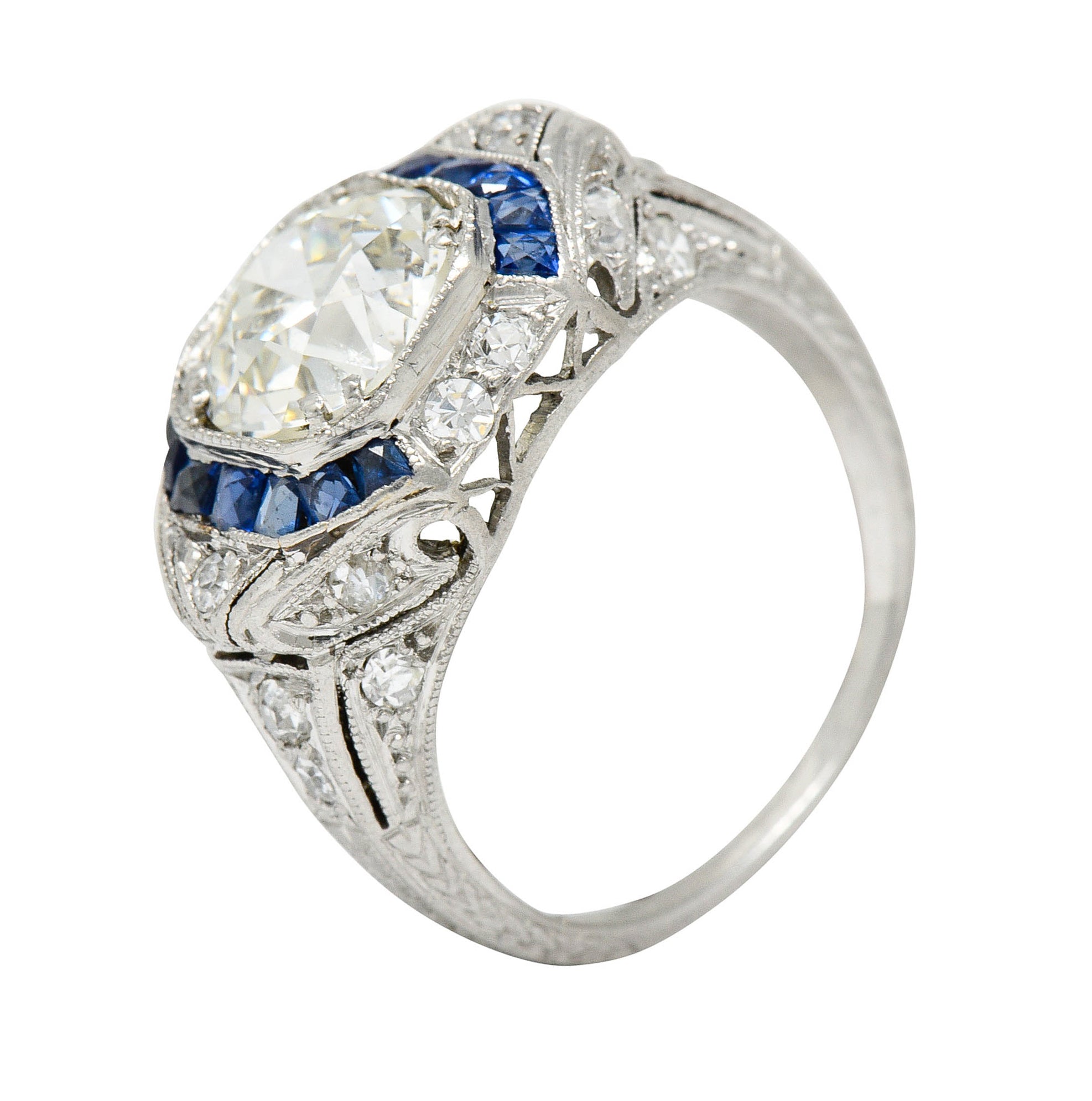 Art Deco 2.75 CTW Diamond Sapphire Platinum Octagonal Ring GIA Circa 1930Ring - Wilson's Estate Jewelry